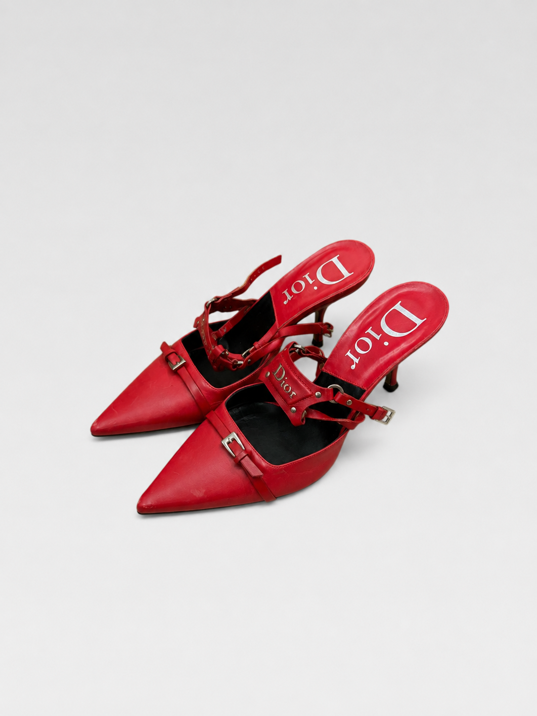 Dior by John Galliano Punk Strap Mule Heels – Red Leather Harness Stiletto Pumps