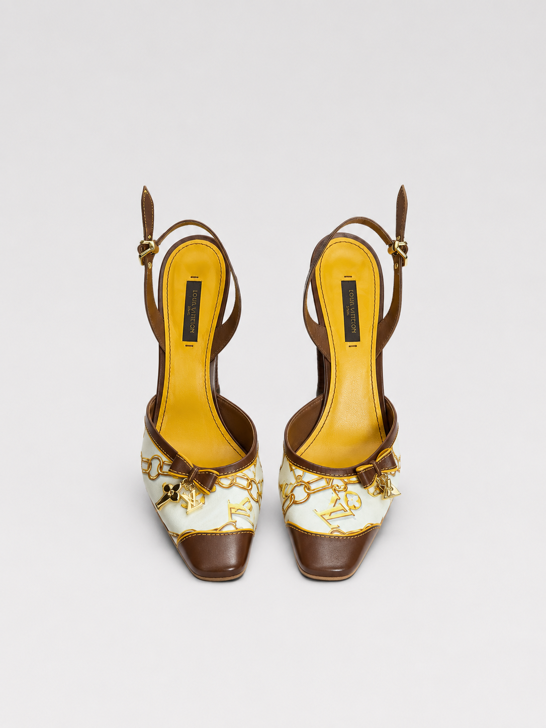 Louis Vuitton Vintage Lock & Chain Silk Scarf Print Slingback Heels – Monogram Charm Detail Pumps