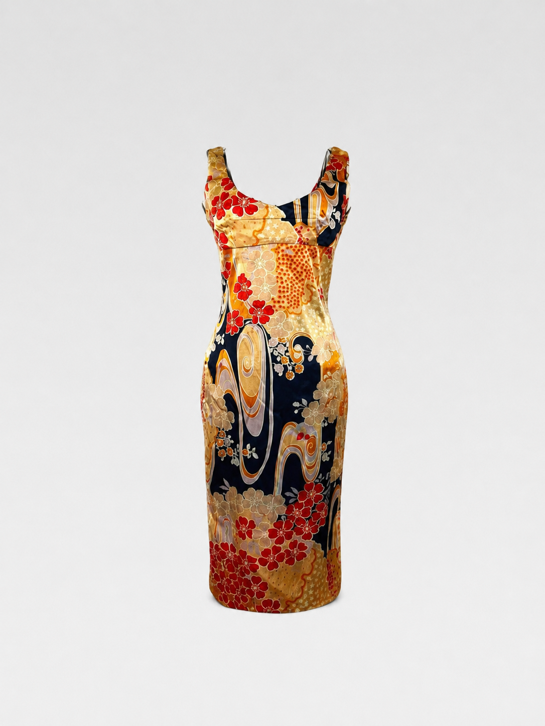 Dolce & Gabbana Japanese Sakura Ukiyo-e Silk Dress – Vintage Runway Oriental Print Bodycon Dress (Size 38)
