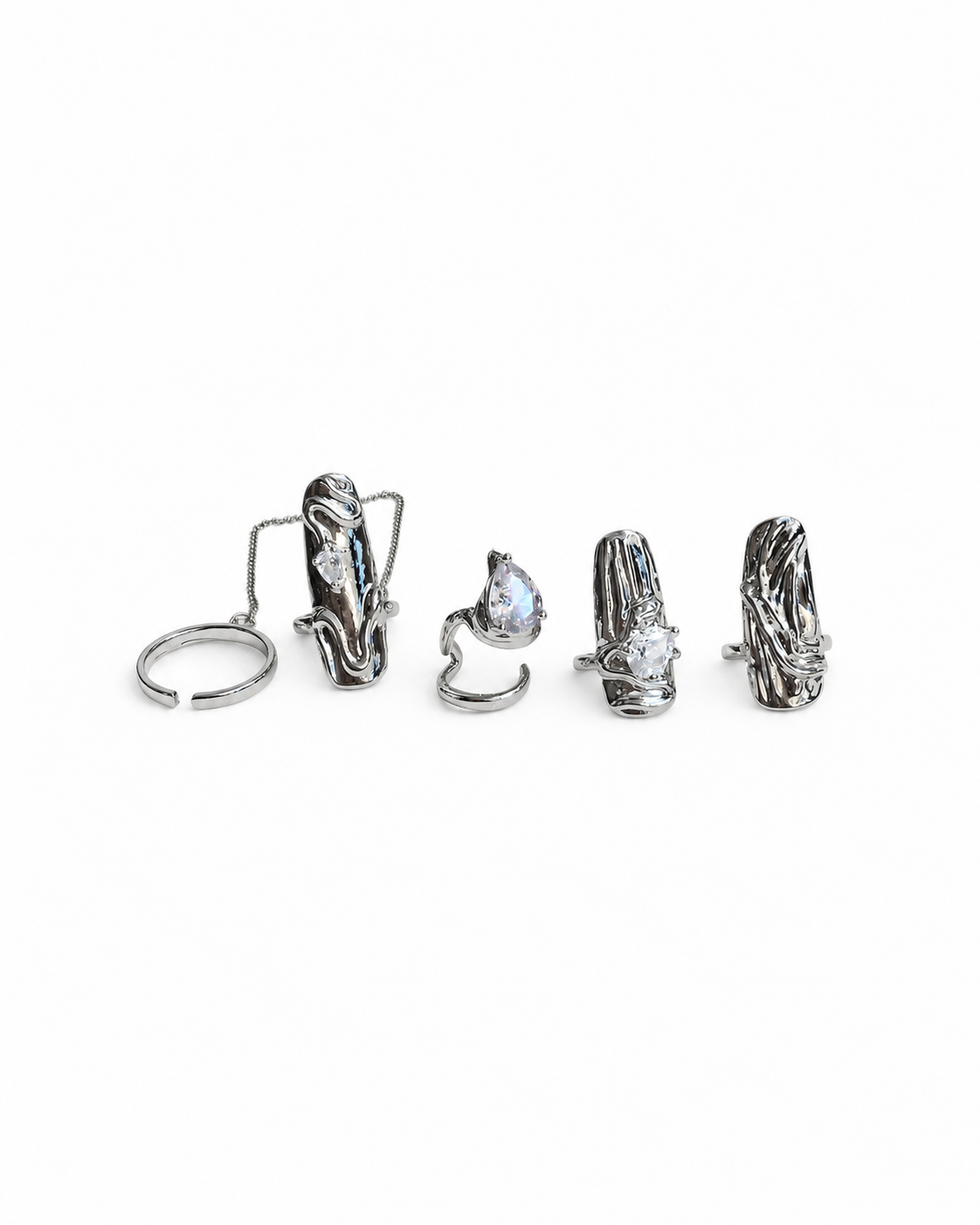 3D Sculptural Metal Nail Rings Set – Four-Piece Adjustable Chain Nail Ring Set | Unisex