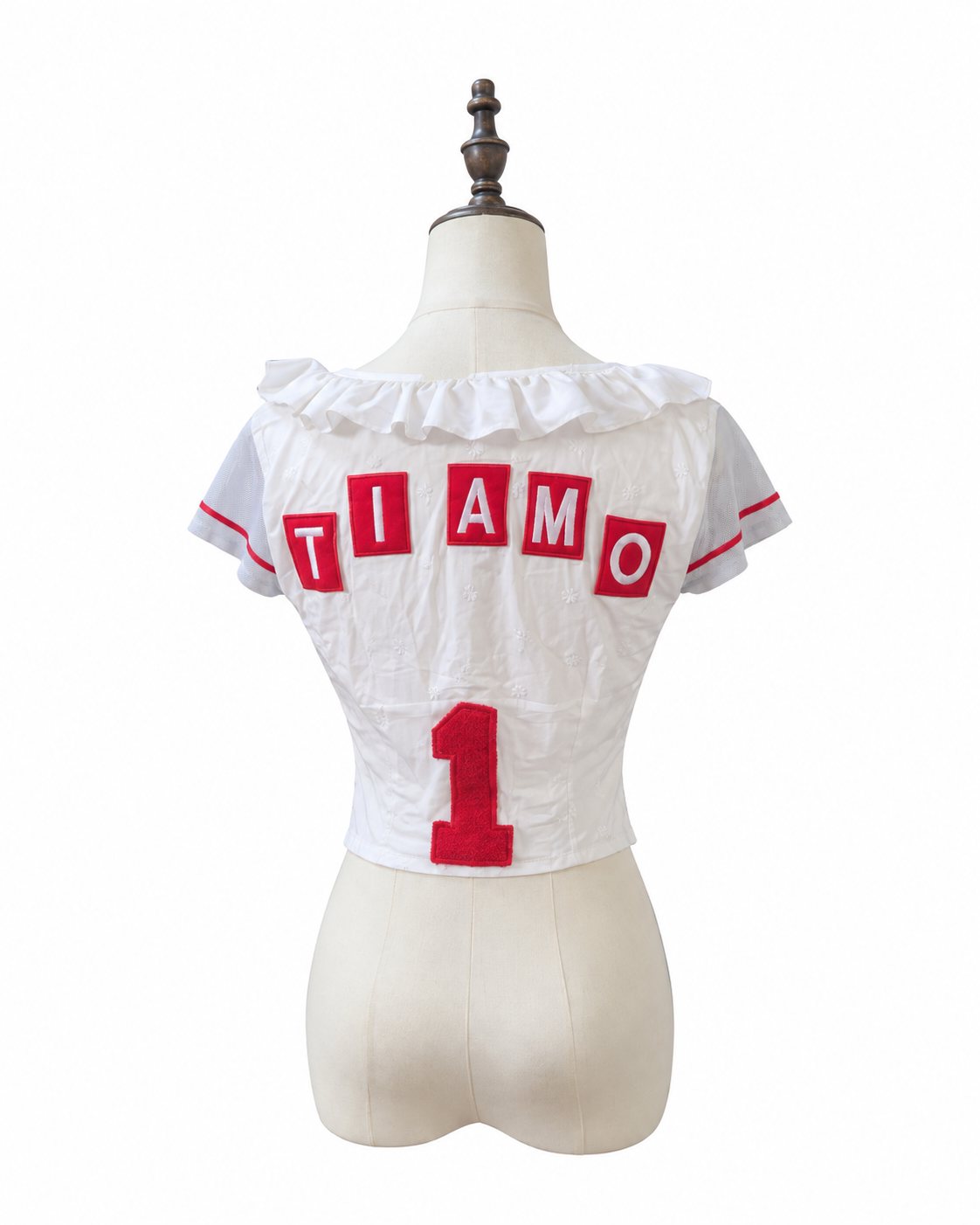 Dolce & Gabbana Vintage Sport Top – White Ruffle V-Neck T-Shirt with Embroidered Back Detail