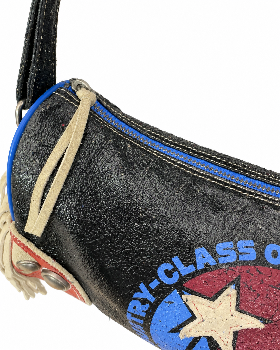 Diesel Vintage Y2K “Spare Parts” Fringe Shoulder Bag – Rare Black Graphic Leather Crossbody Bag