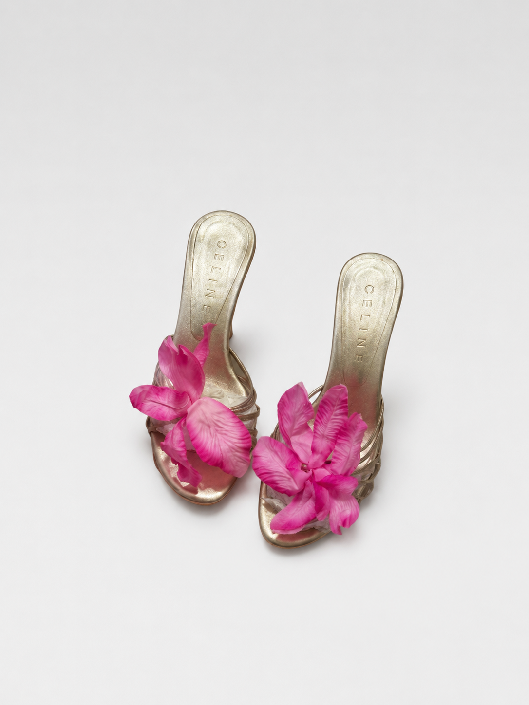 Celine Gold Floral Statement Mule Heels – Vintage Runway Sculptural Petal Sandals (Size 36)
