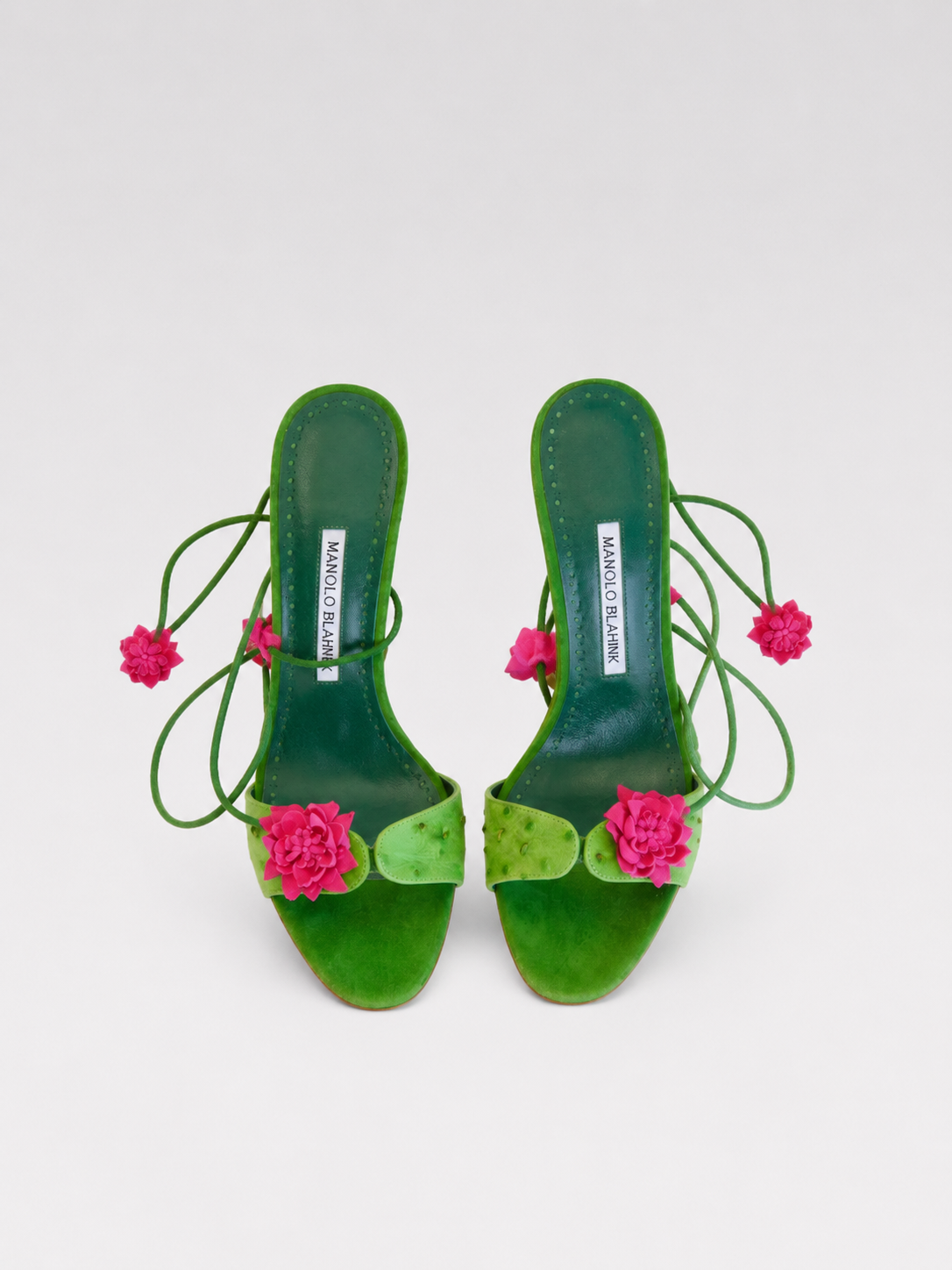 MANOLO BLAHNIK Green Leather Floral Lace-Up Sandals – Rare Archive 3D Flower Heels