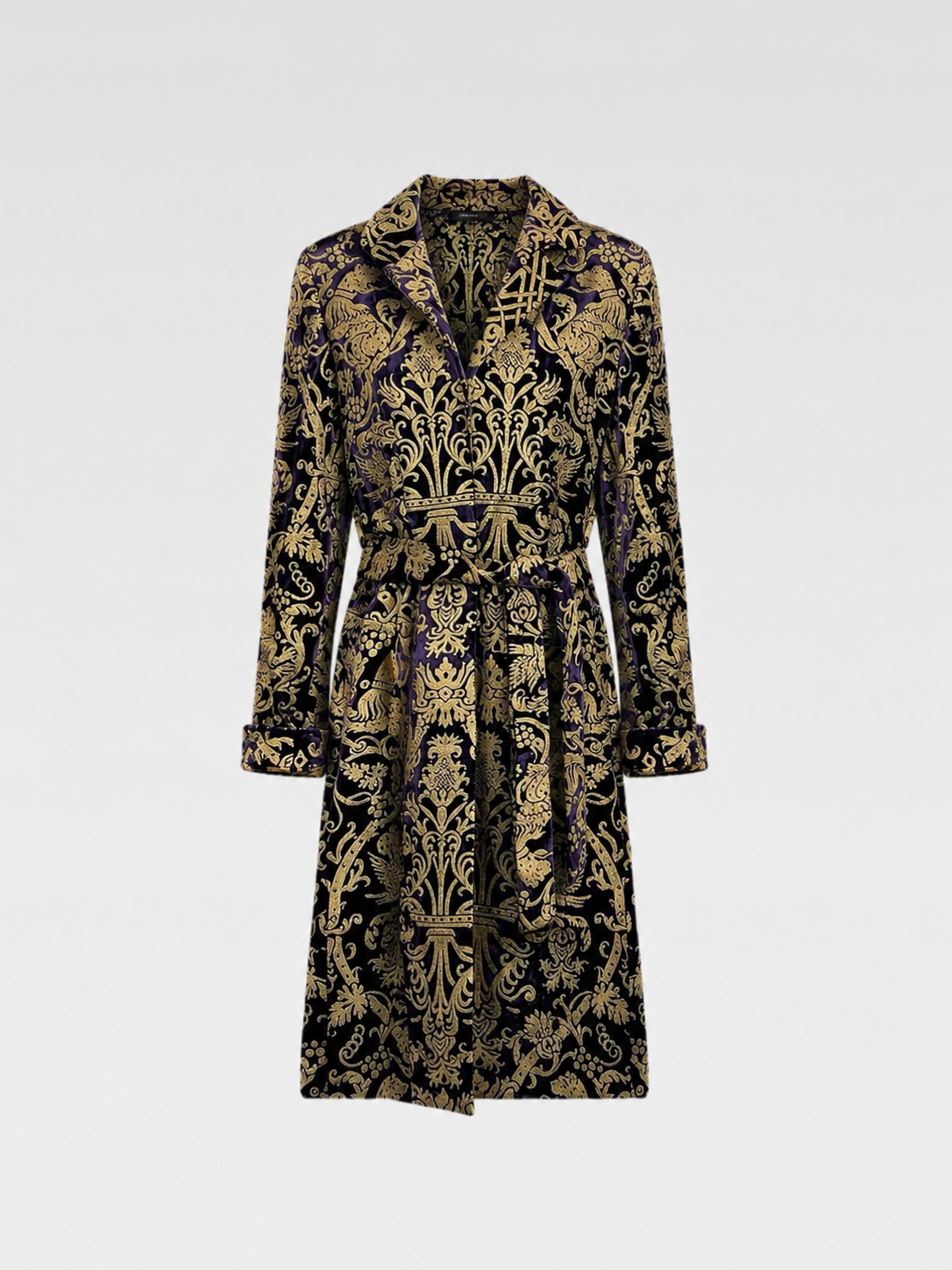 Roberto Cavalli Vintage Runway Coat Dress Velvet Gold Baroque Print Silk Lined Rare Archive Collector Piece Size 46 Italy