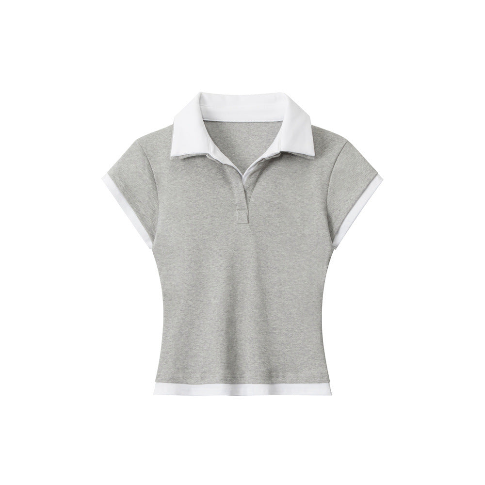 Slim Fit Short Polo Shirt Short Sleeve T Women's Summer Turn-Down Collar Fake Two-Piece Regular Shoulder Top