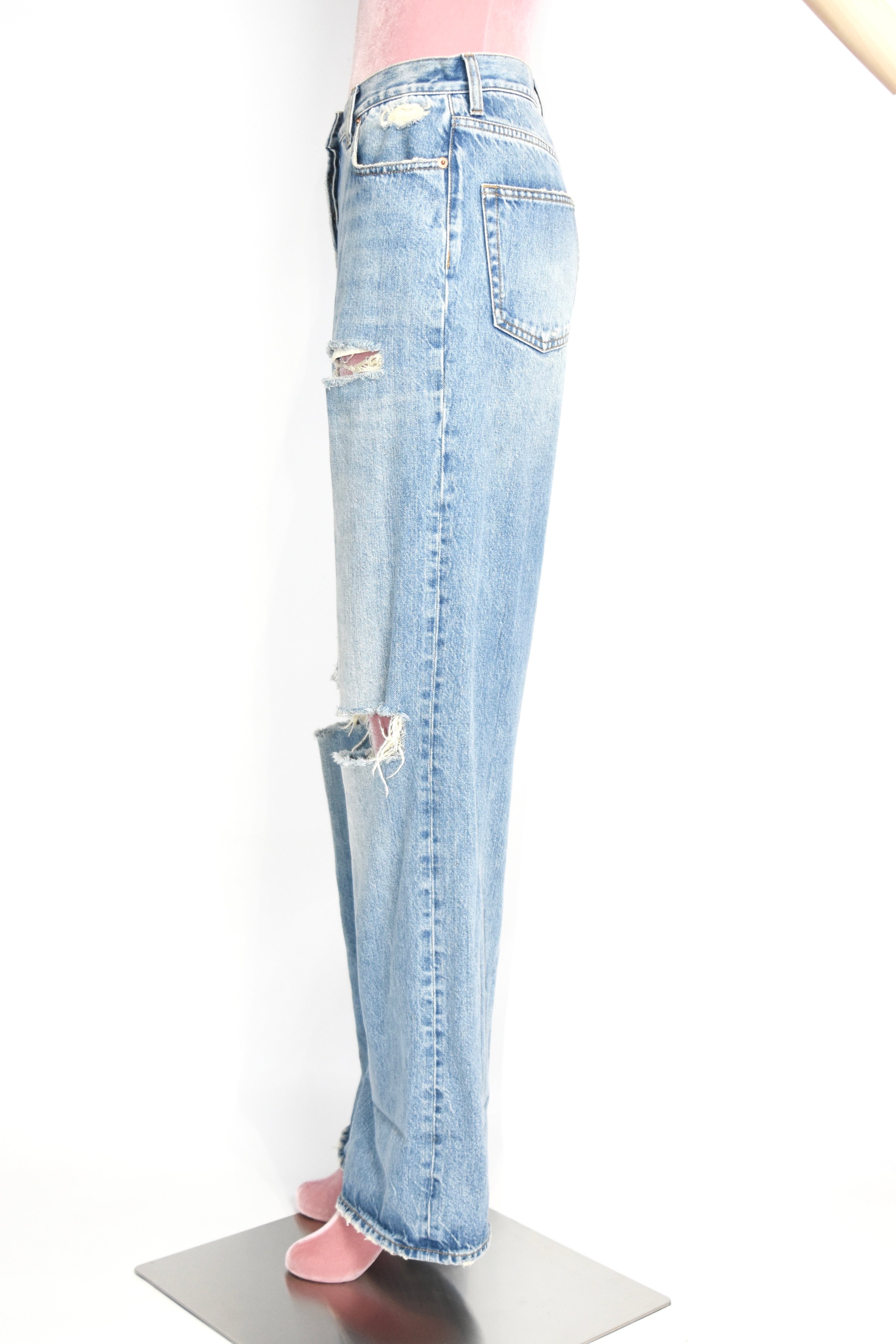 Gucci Distressed Flared Denim Jeans – Light Wash High Waist Destroyed Bootcut Pants