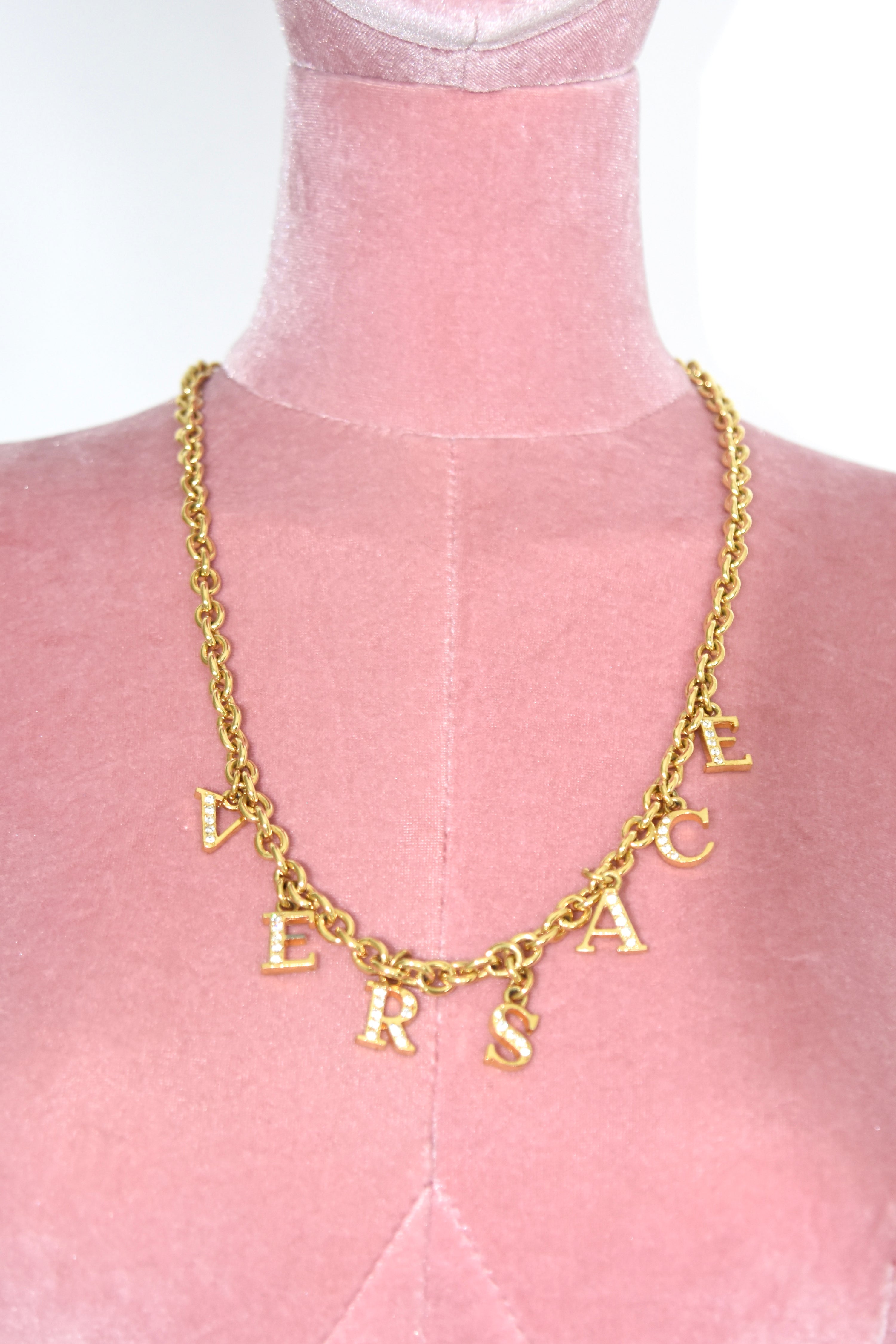VERSACE Rhinestone Logo Gold Chain Necklace