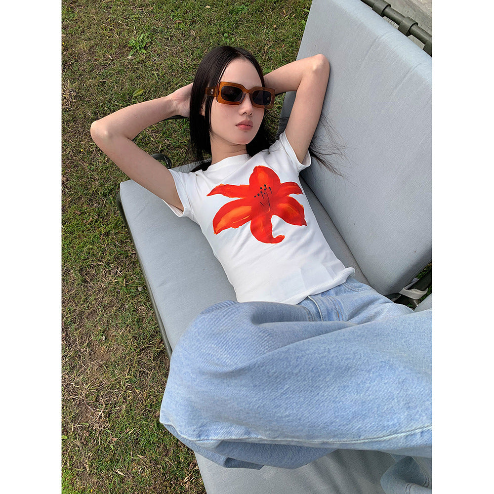 Slim Fit Floral Print Women's T-shirt Spring and Summer Versatile Short Tops