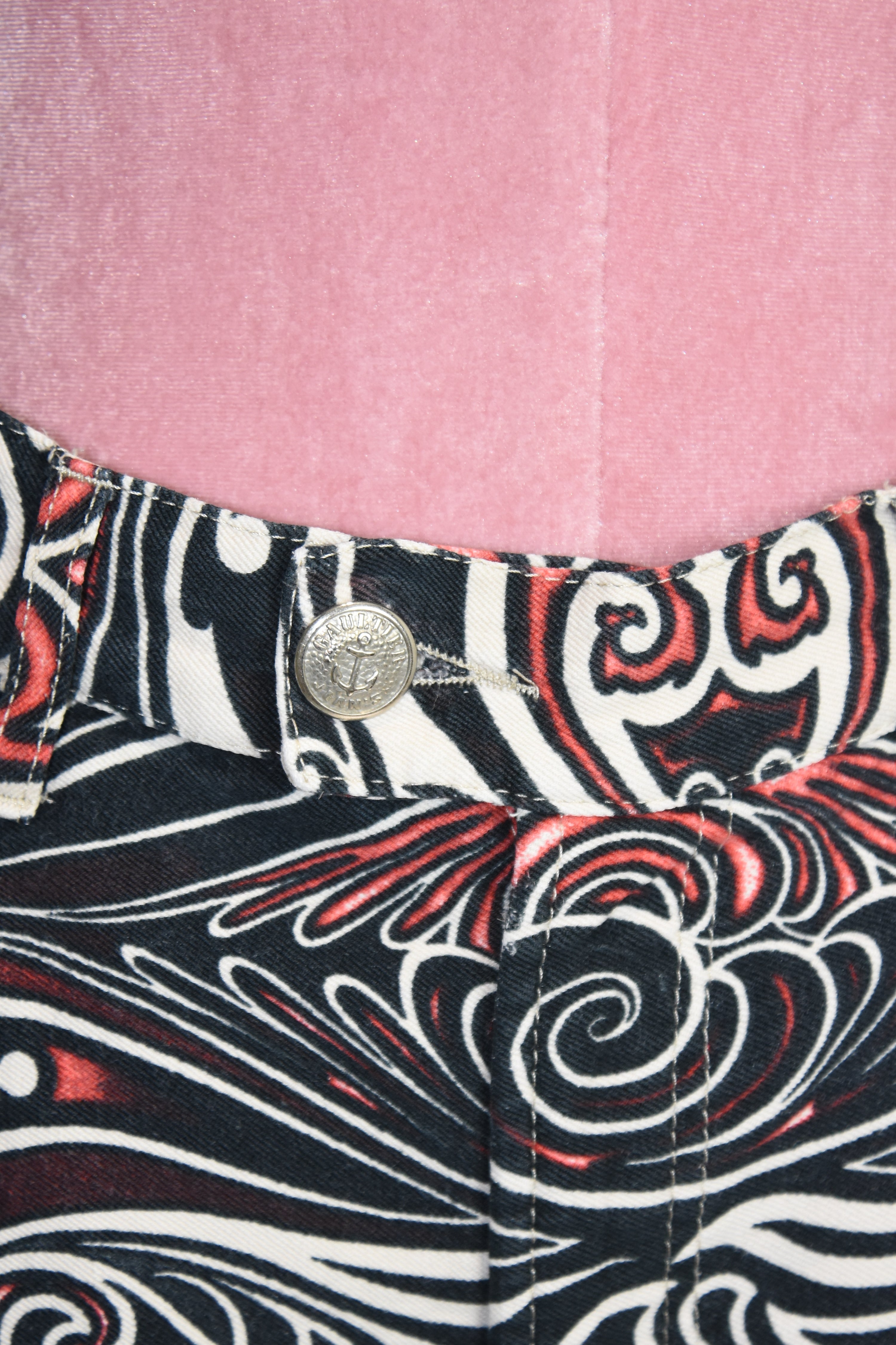 Jean Paul Gaultier Jeans Tribal Print Flared Trousers (Gothic Tattoo Swirl in Black–Red–Ivory)