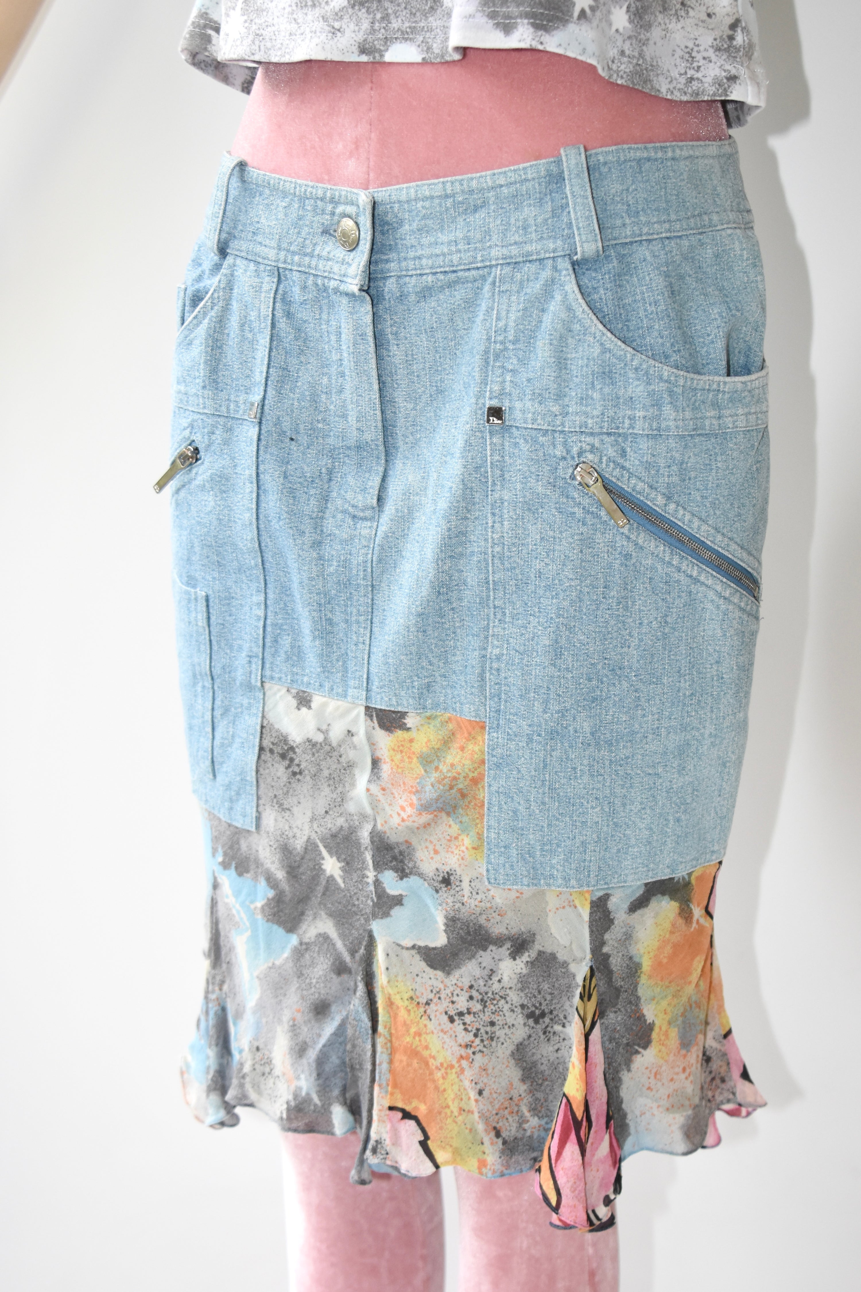 Christian Dior by John Galliano Graffiti Silk Hem Hybrid Skirt (Utility Denim Meets Couture Streetwear)