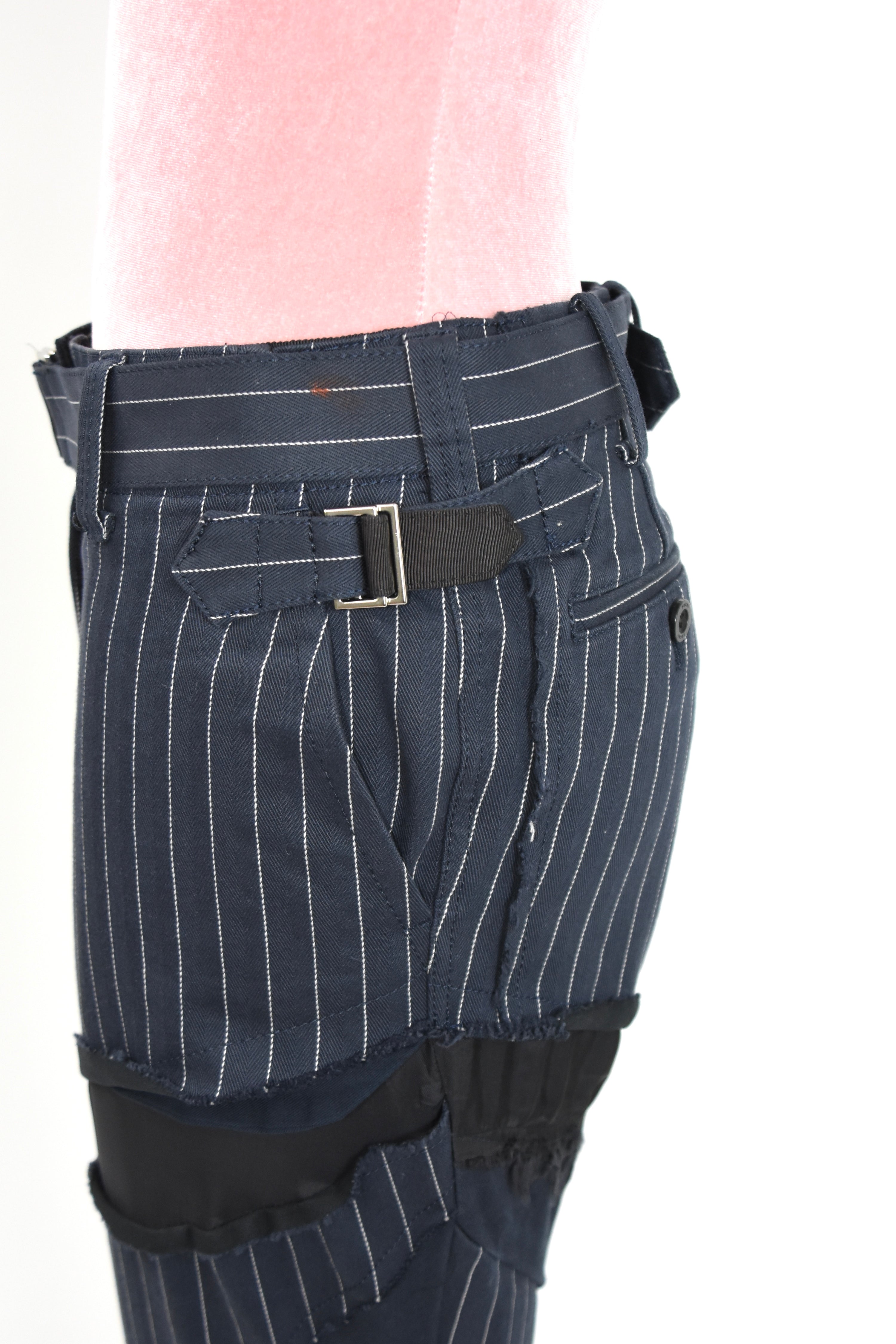 SACAI Hybrid Pinstripe Panel Deconstructed Pants – Model 18-03791 – Size 0 (Runway Construction / Japan Made)