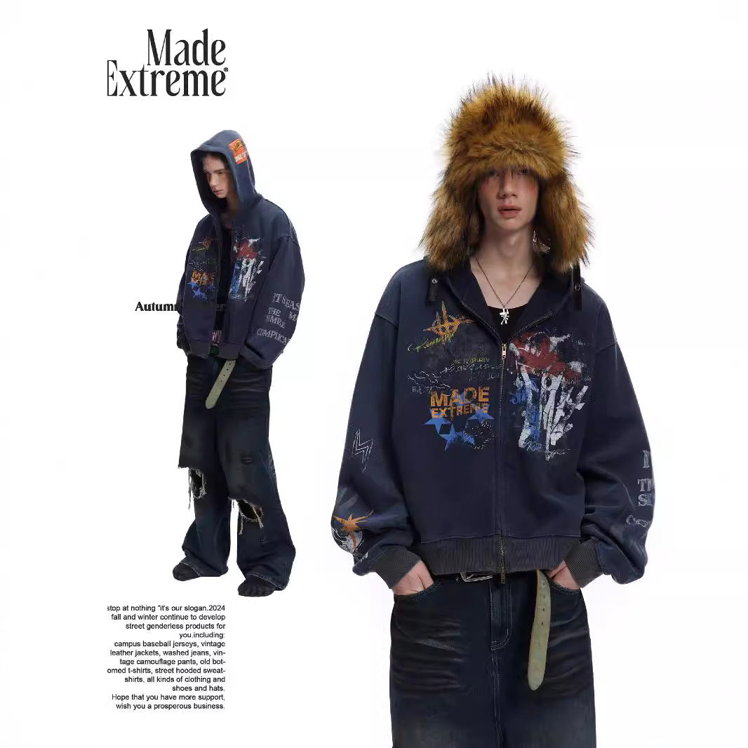 Street hip-hop graffiti sweatshirt for men and women, spring and autumn season oversize Trendy Hooded Cardigan Jacket