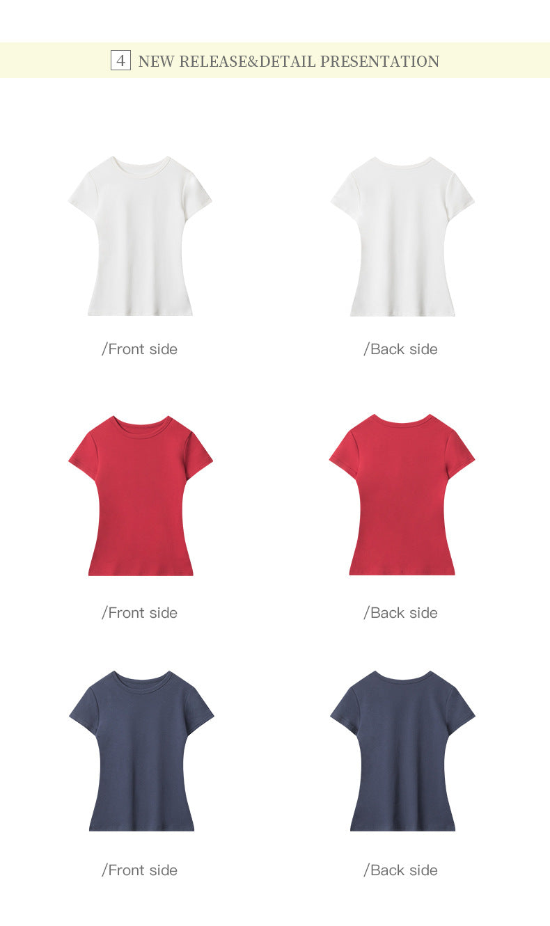 Basic Style Solid Color t Women's Short Sleeve Slim Fit Round Neck Short Top Summer