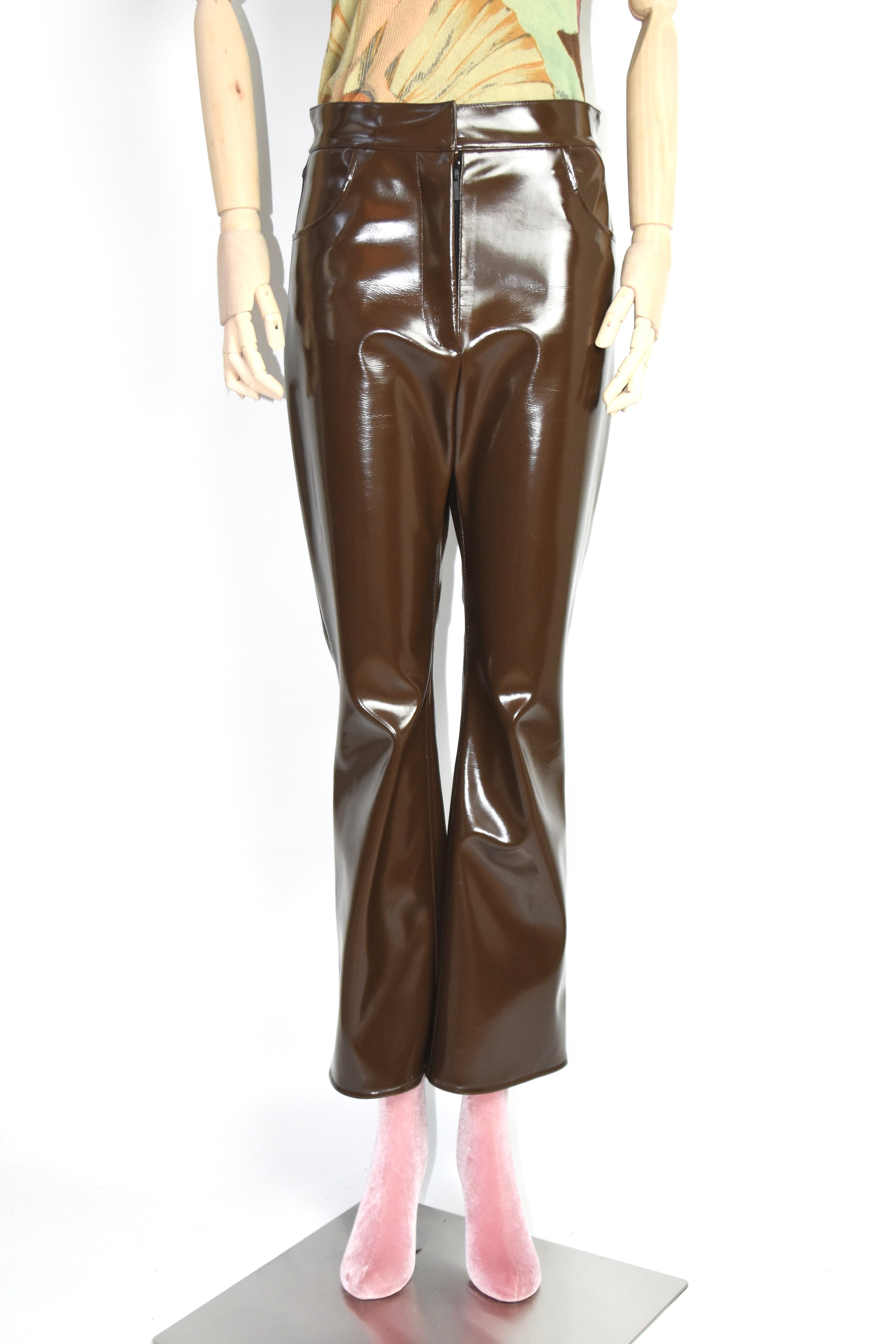Christopher Kane Brown High-Gloss Vinyl Trousers – Runway-Inspired Sculptural Silhouette