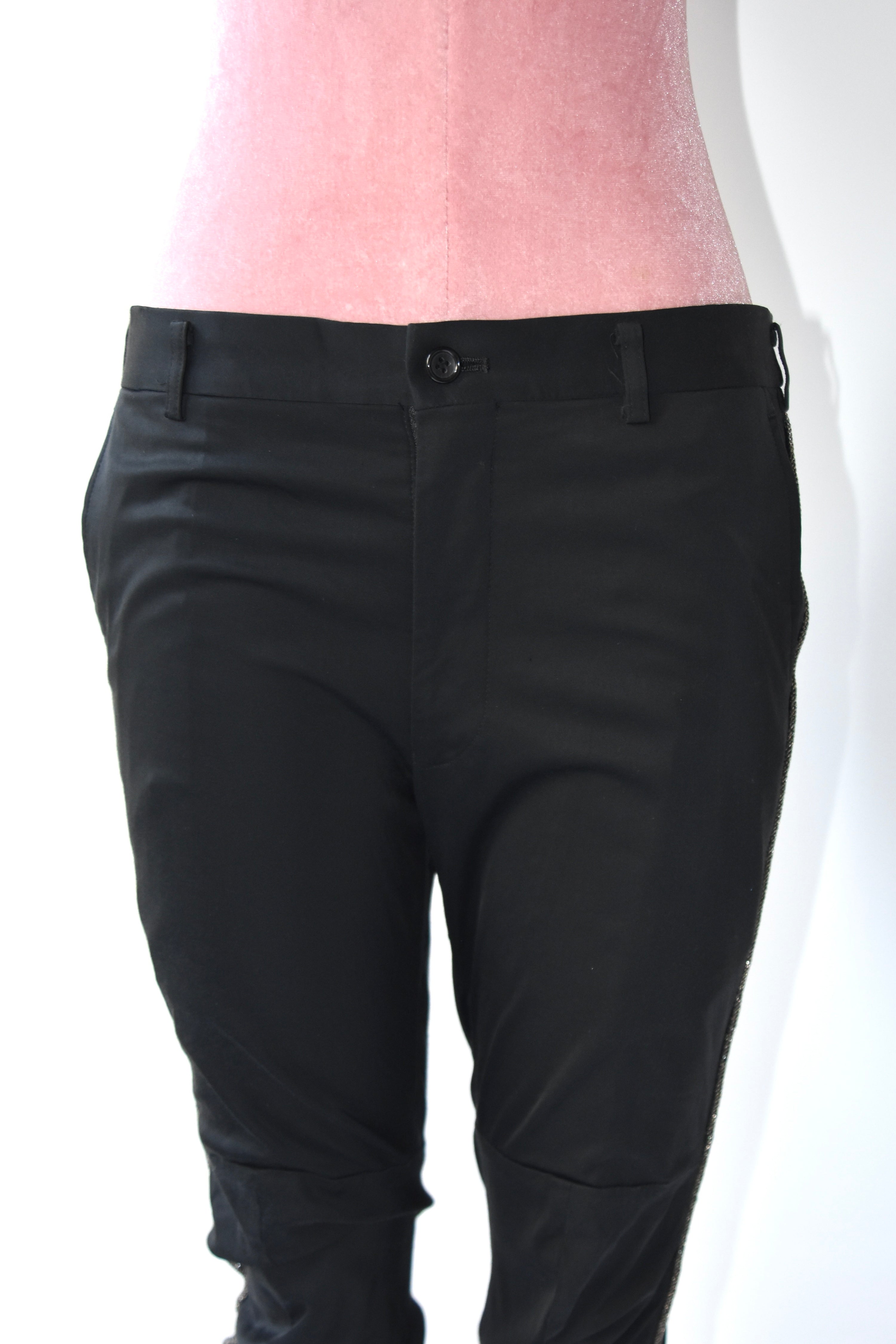 Comme des Garçons AD2010 Twisted Tailored Cropped Pants – Black Sculptural Gold-Trim Vintage Trousers