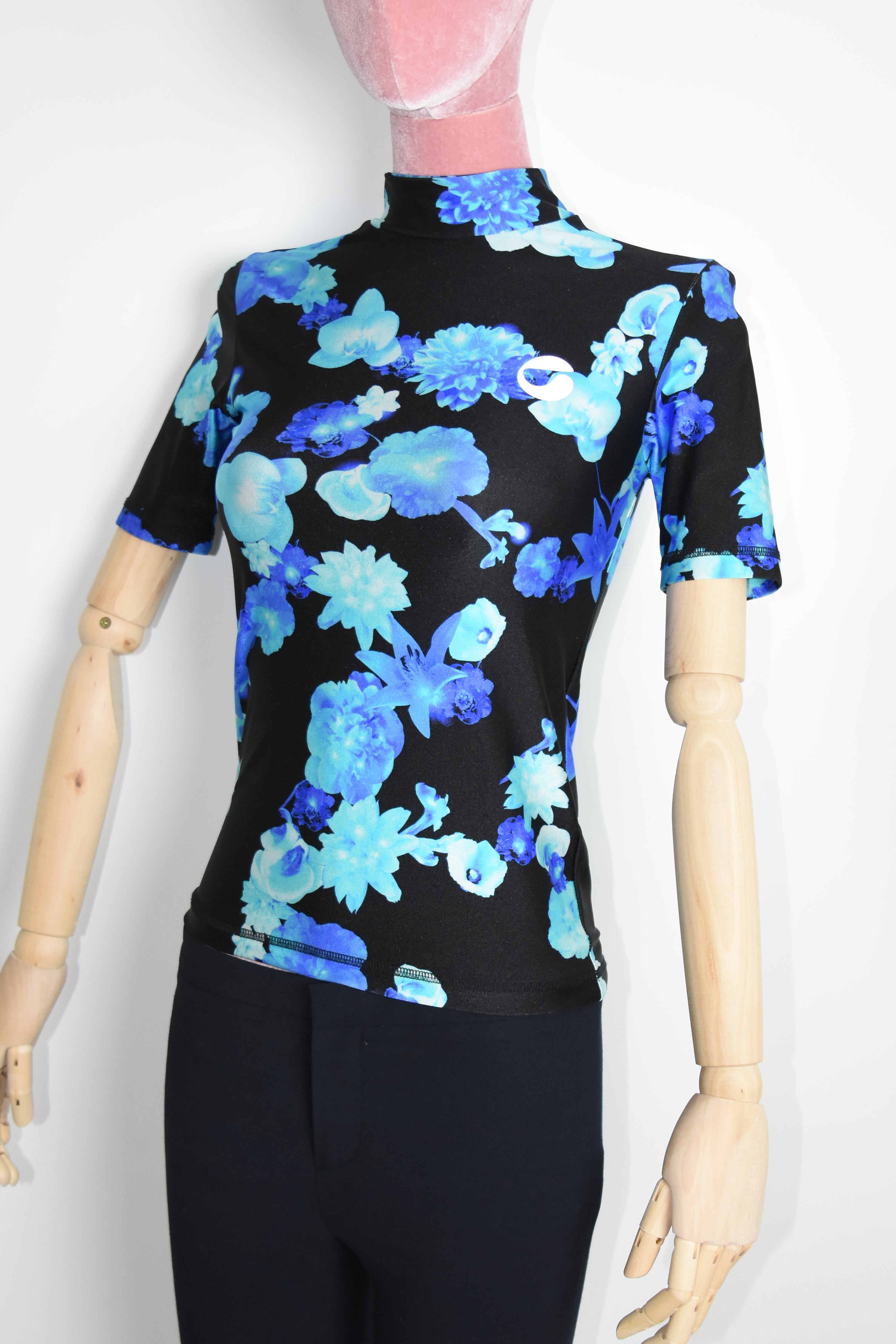 Coperni Blue Floral Stretch Glossy Top – Women’s Size S (Digital Print / Mock Neck / Technical Jersey)