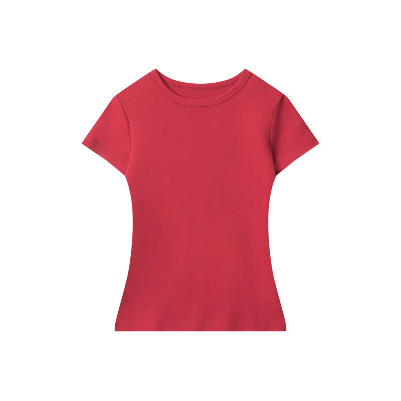 Basic Style Solid Color t Women's Short Sleeve Slim Fit Round Neck Short Top Summer
