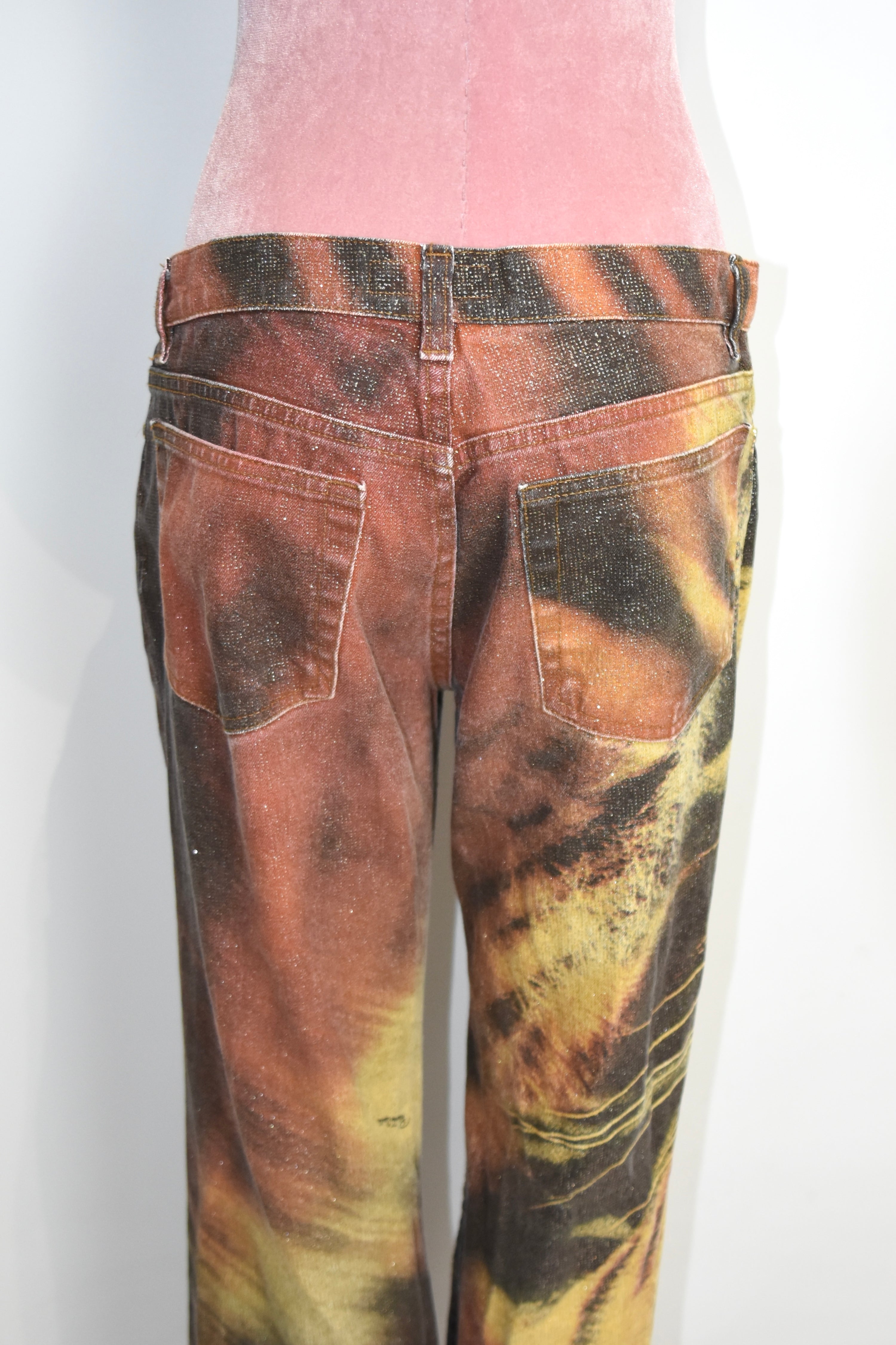 Roberto Cavalli Vintage Glitter Tiger Print Low-Rise Jeans (Rare Y2K Era Statement Denim)