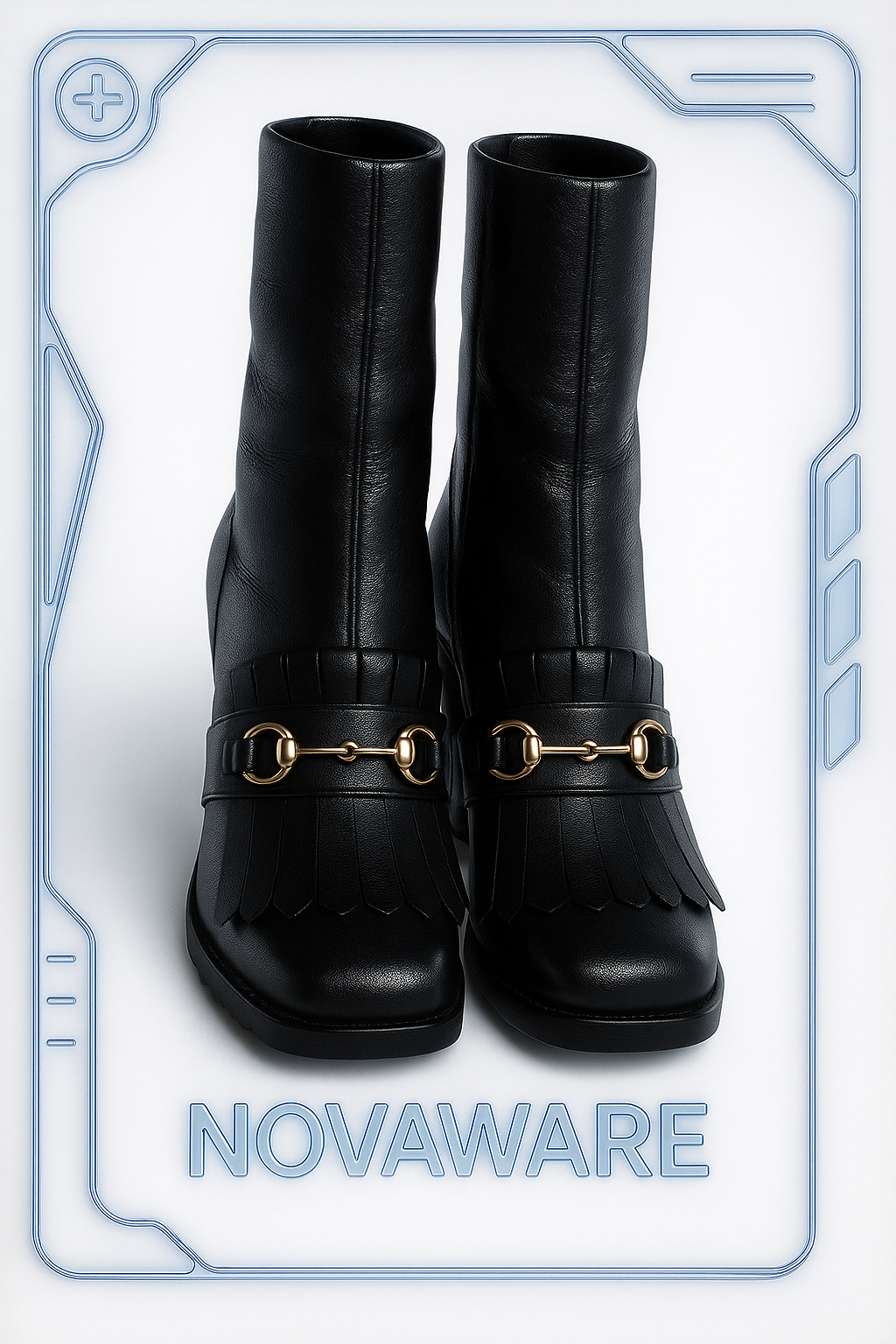 GUCCI Black Leather Platform Fringe Horsebit Boots