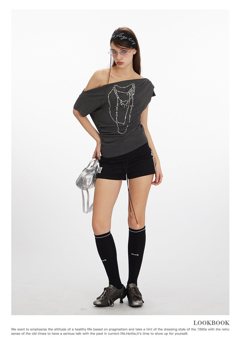 Off-shoulder design one-shoulder spicy short style T-shirt 2025 New summer short-sleeved off-shoulder top for women