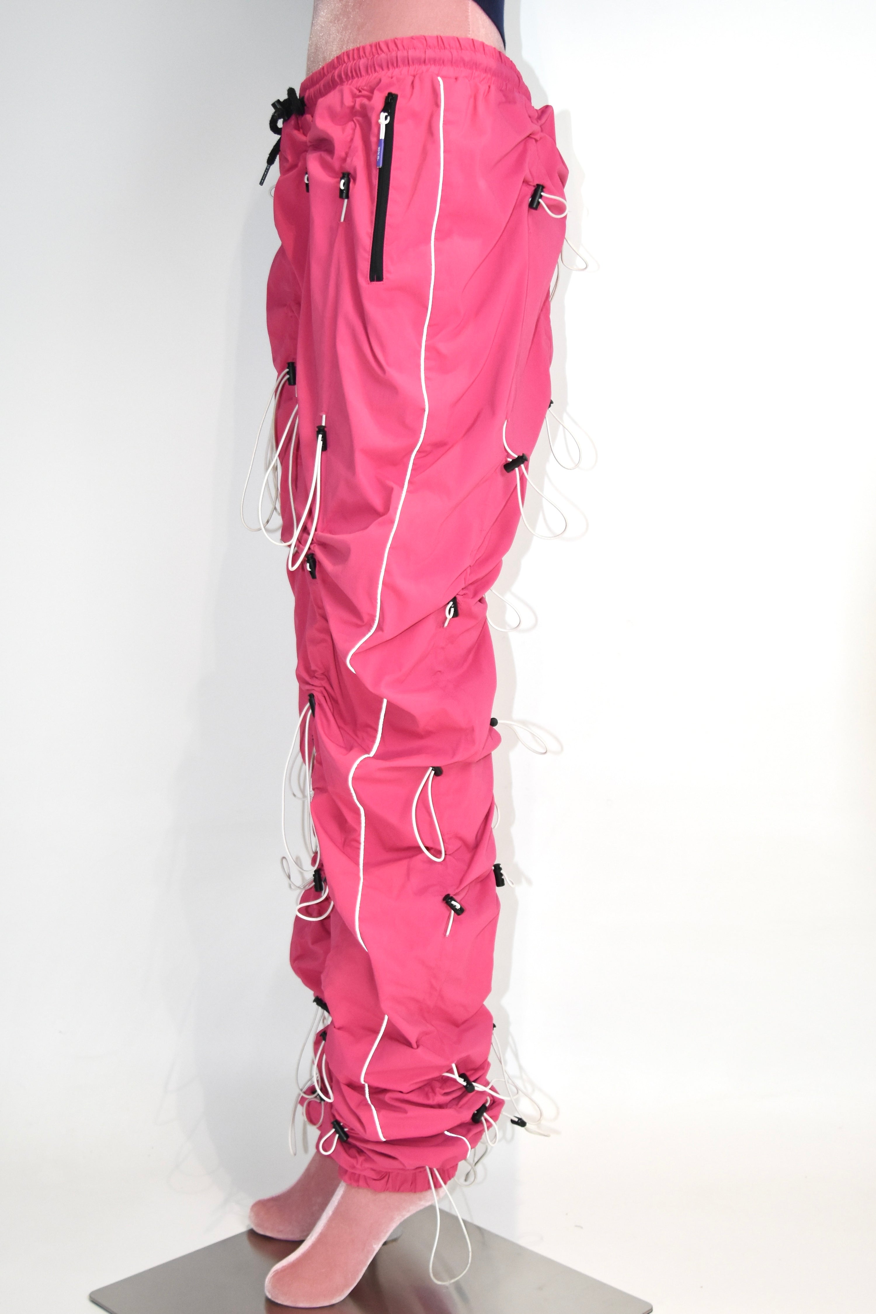99%IS “Drawcord Ruched” Hot Pink Nylon Punk-Tech Pants – Unisex Korean Streetwear Archive Piece