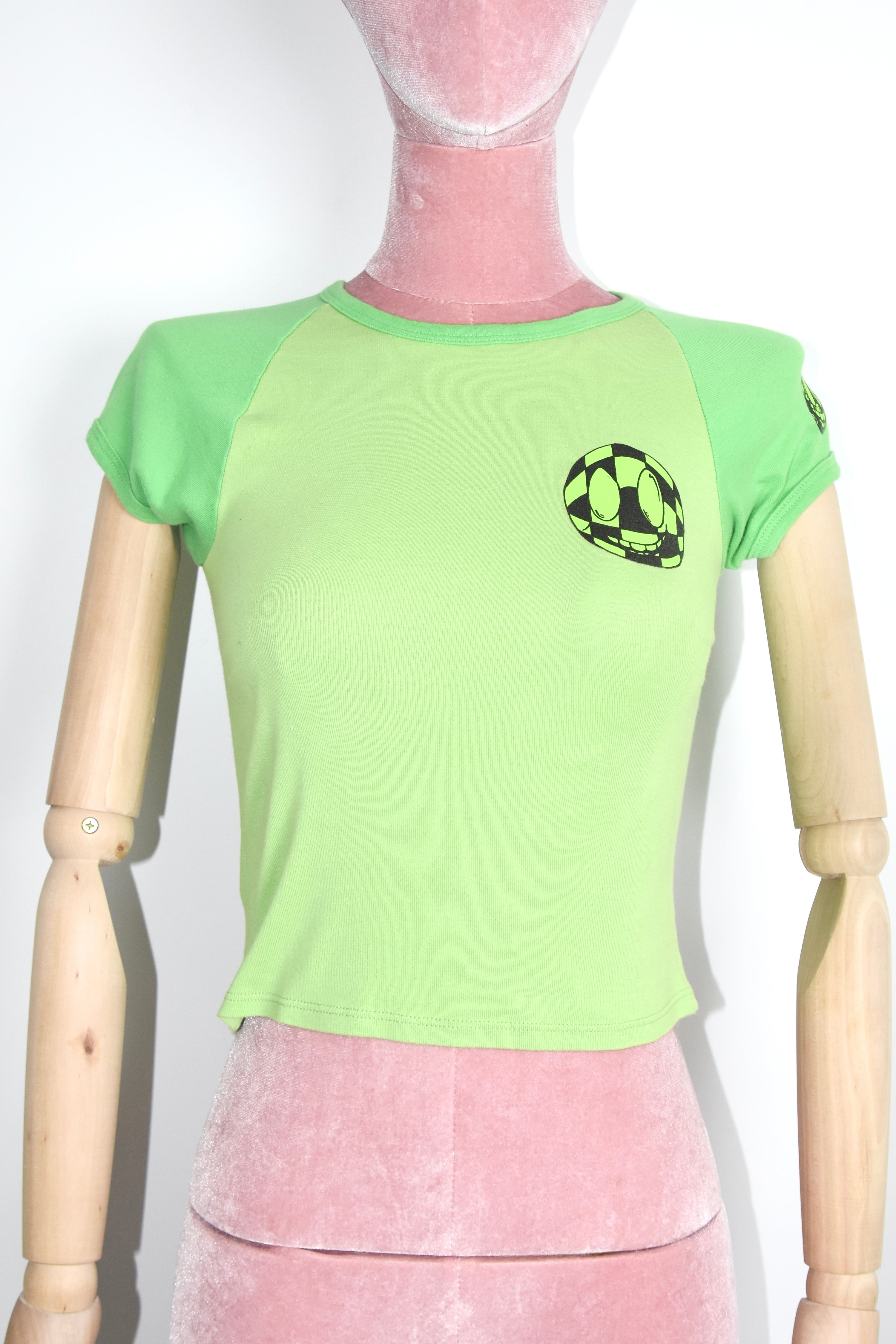 Chrome Hearts Neon Green Graphic Baby Tee – Y2K Smiley Face Print Cotton T-Shirt