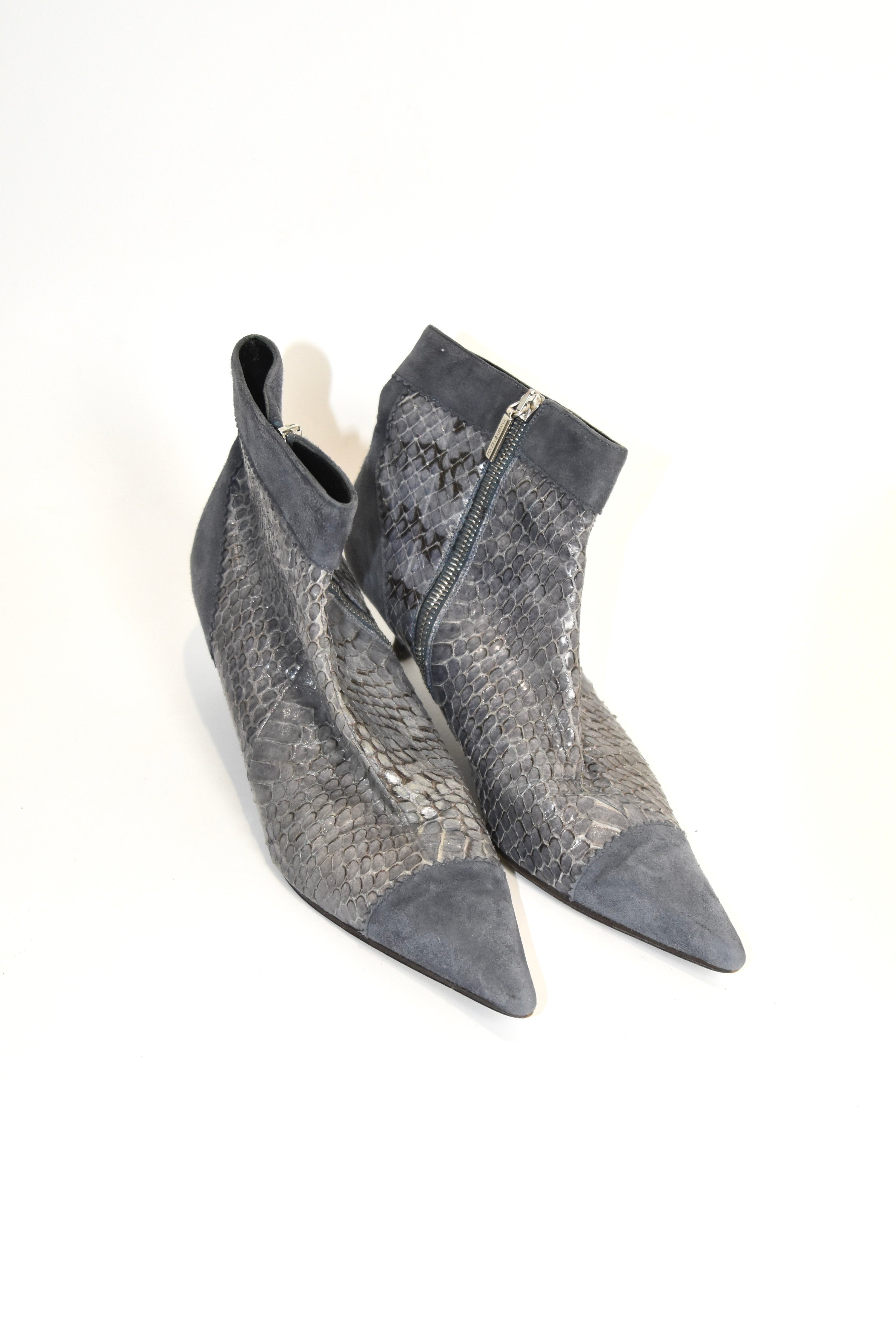 Dolce & Gabbana Misty Blue Snakeskin-Suede Kitten Heel Boots