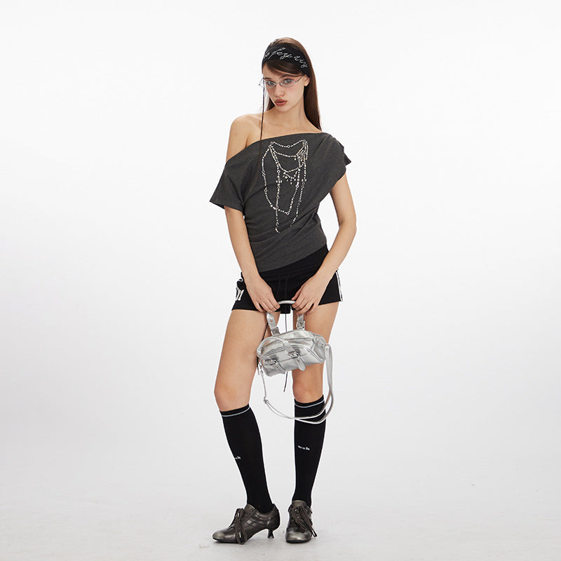 Off-shoulder design one-shoulder spicy short style T-shirt 2025 New summer short-sleeved off-shoulder top for women