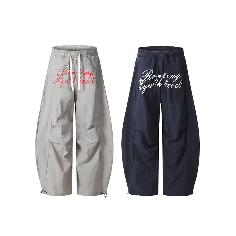 Men's Letter Print Pleated Casual Pants Women's Trendy Loose Cargo Wide-Leg Scimitar Pants