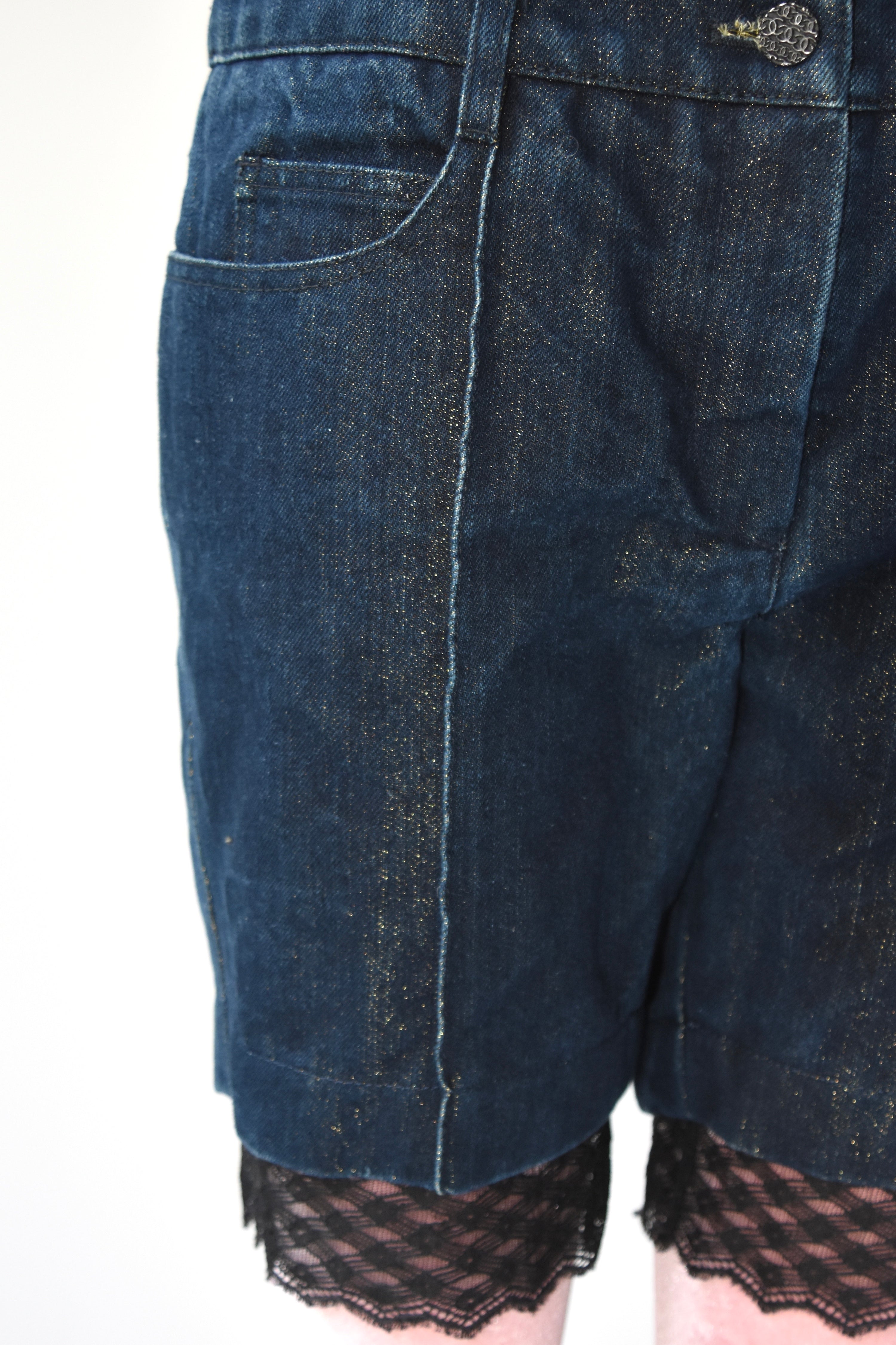 CHANEL S/S 2007 Gold Lurex Denim Lace Shorts – Size 40 (Made in Italy, Archive Runway Detail)