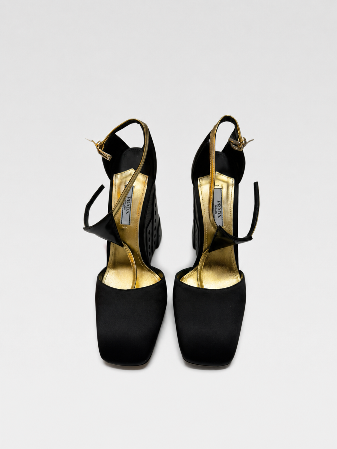 Prada FW2014 Mechanical Wedge Heels Black Gold Futuristic Runway Shoes Archive Platform Pumps