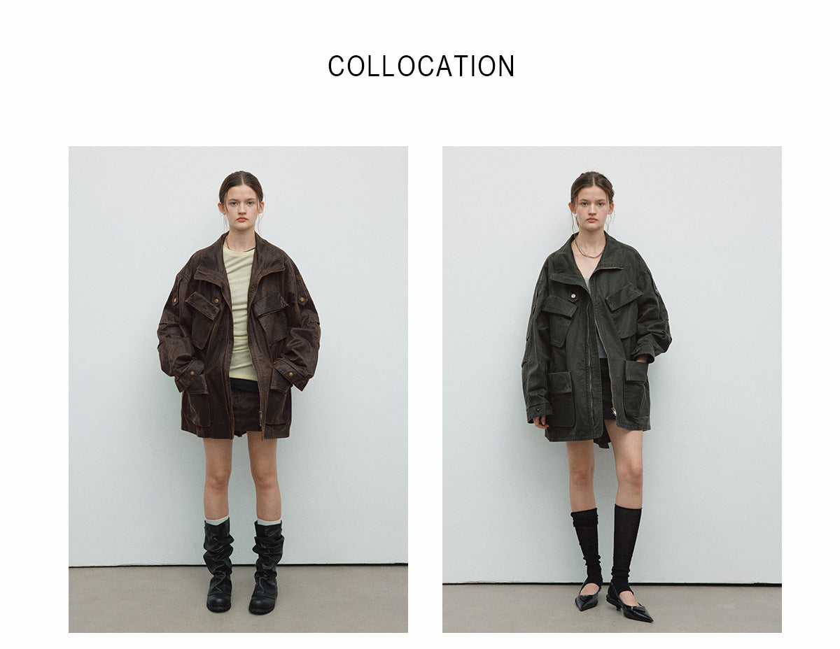 Spring New Casual Turn-Down Collar Vintage Distressed Multi-Pocket Versatile Long Jacket Coat