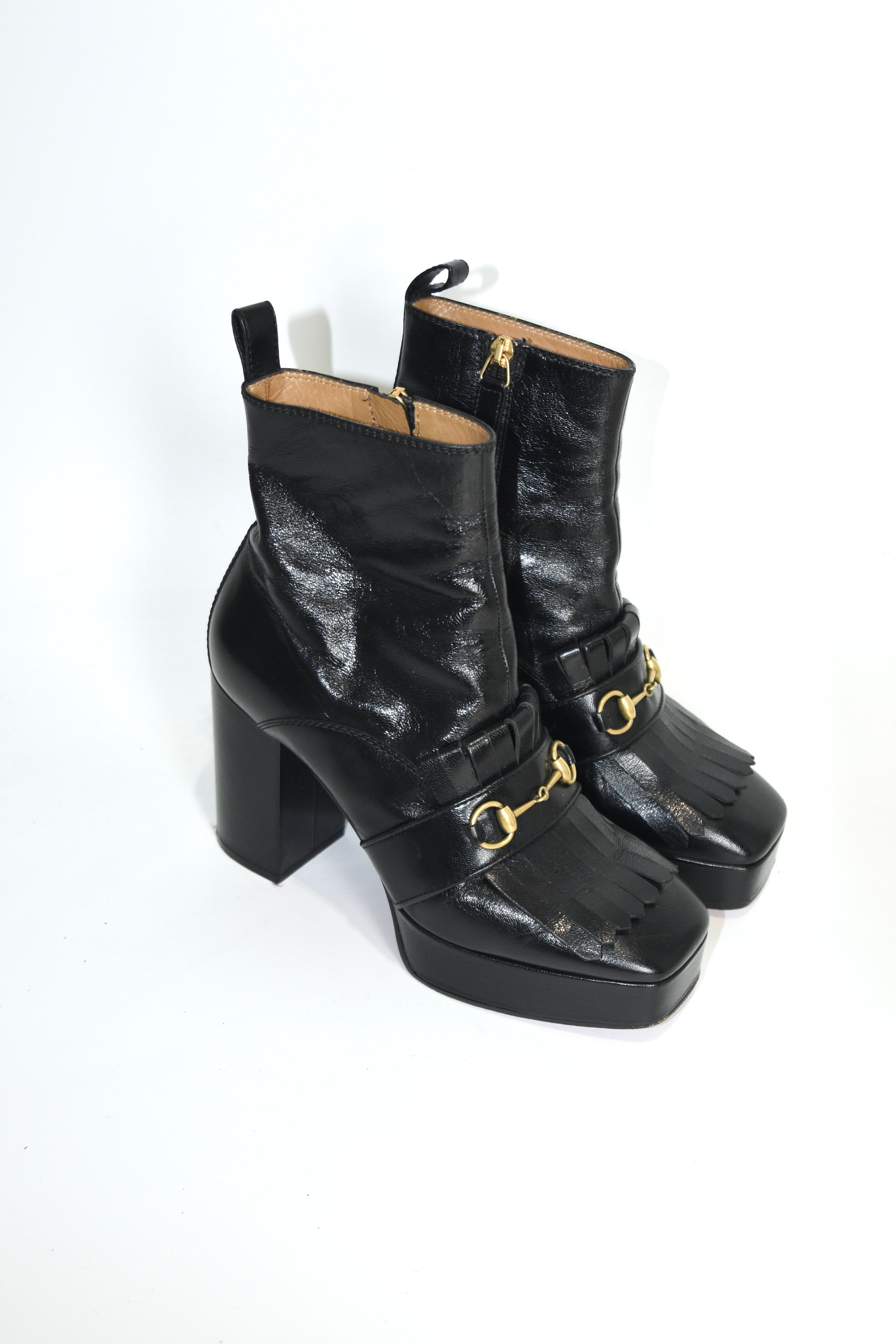 GUCCI Black Leather Platform Fringe Horsebit Boots