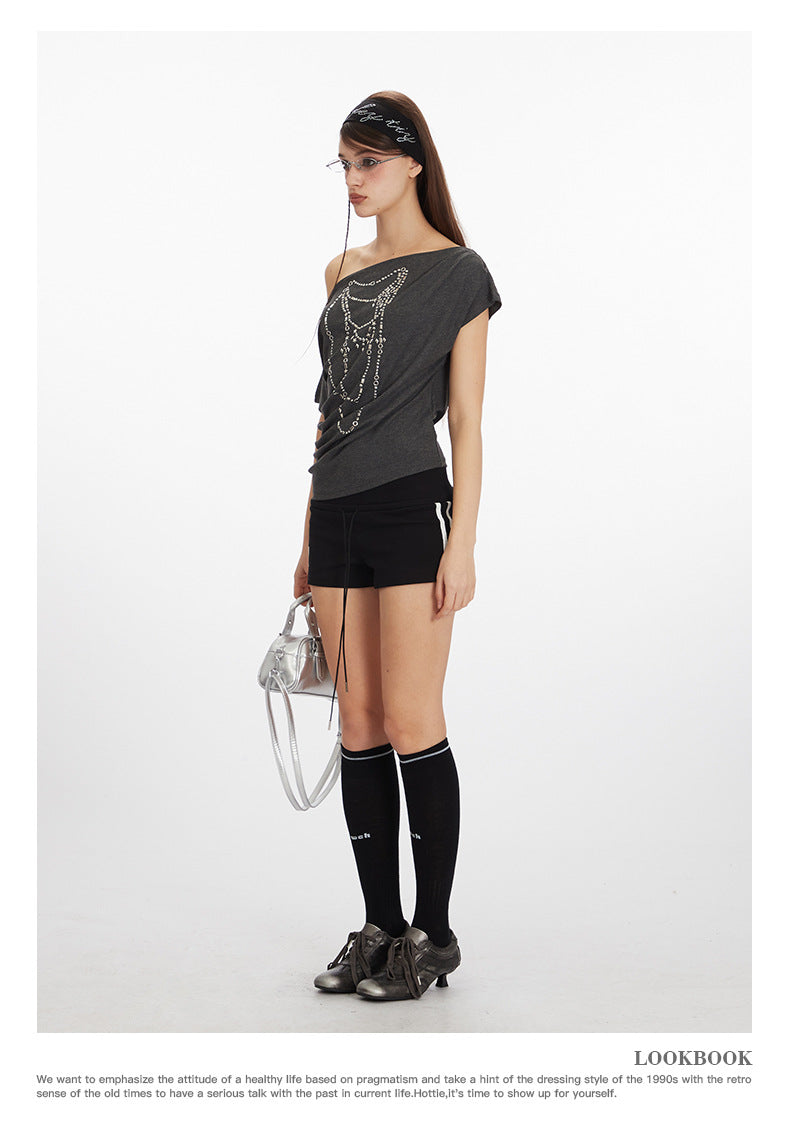 Off-shoulder design one-shoulder spicy short style T-shirt 2025 New summer short-sleeved off-shoulder top for women