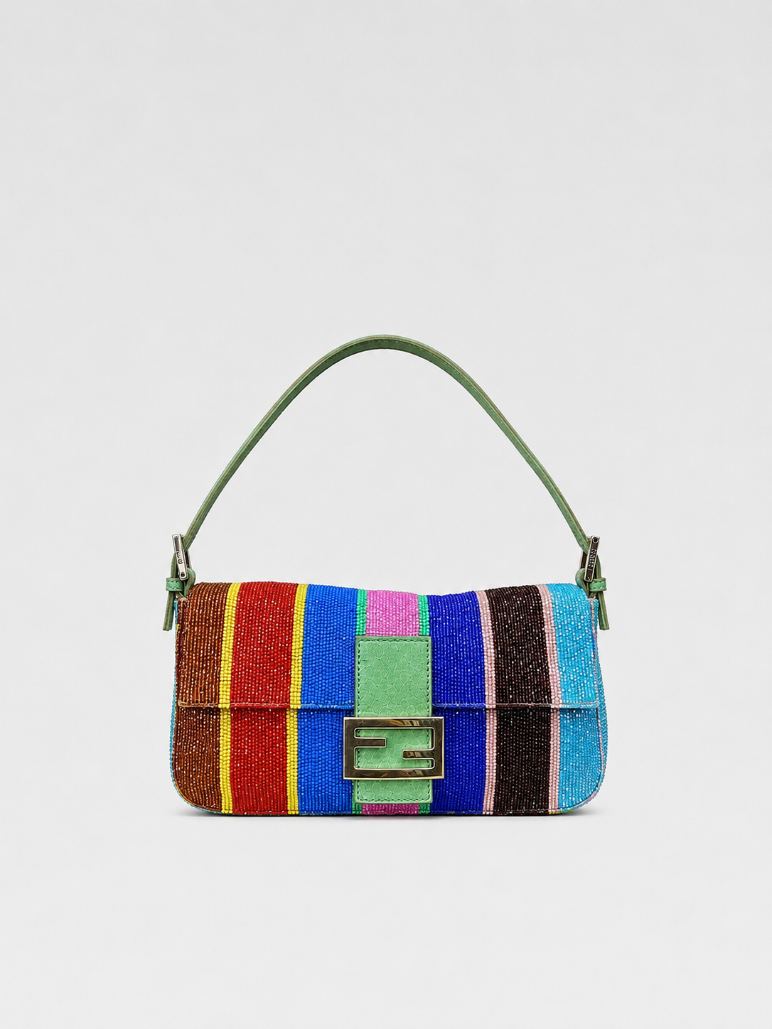 Fendi Limited Edition Multicolor Beaded Baguette Bag Y2K Rainbow Stripe Hand-Embellished Rare Collector Piece