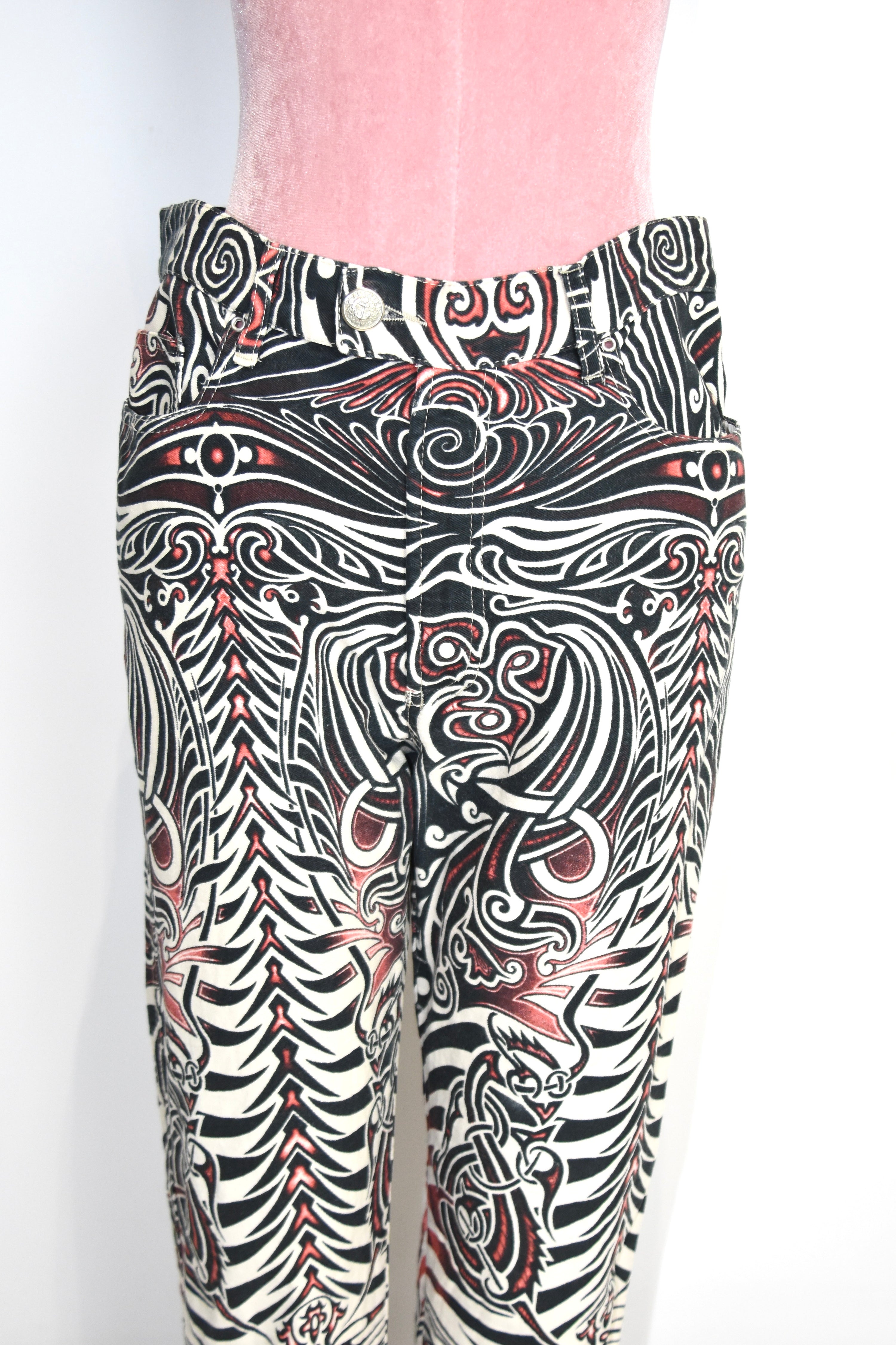 Jean Paul Gaultier Jeans Tribal Print Flared Trousers (Gothic Tattoo Swirl in Black–Red–Ivory)