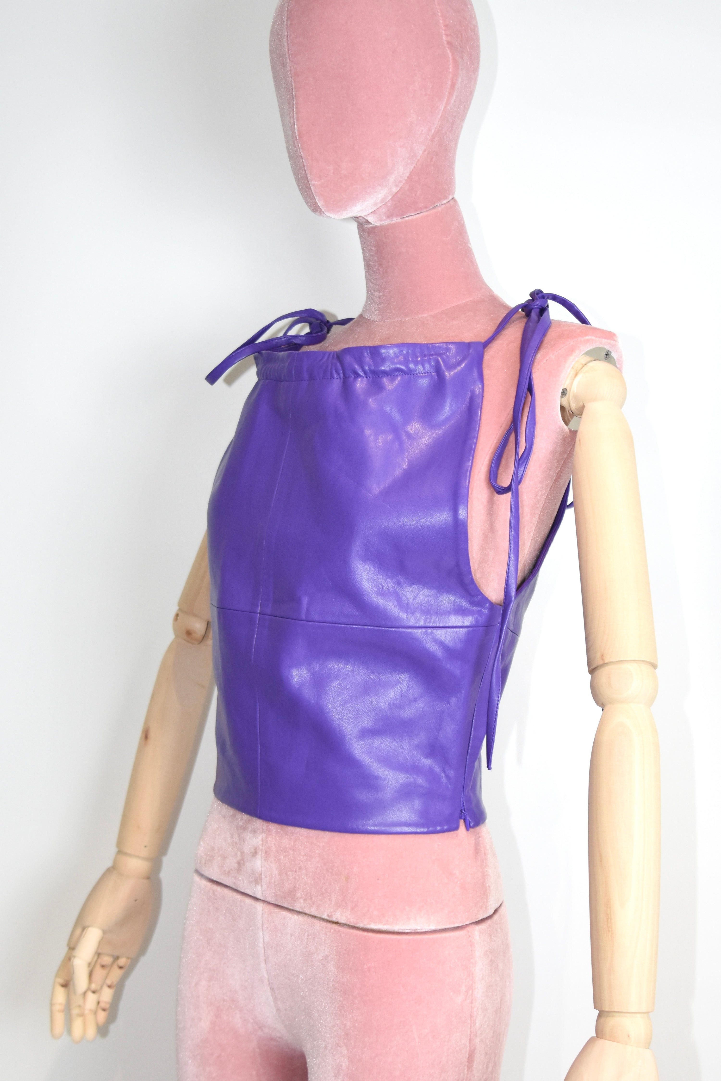 George Keburia Purple Faux Leather Lace-Tie Top