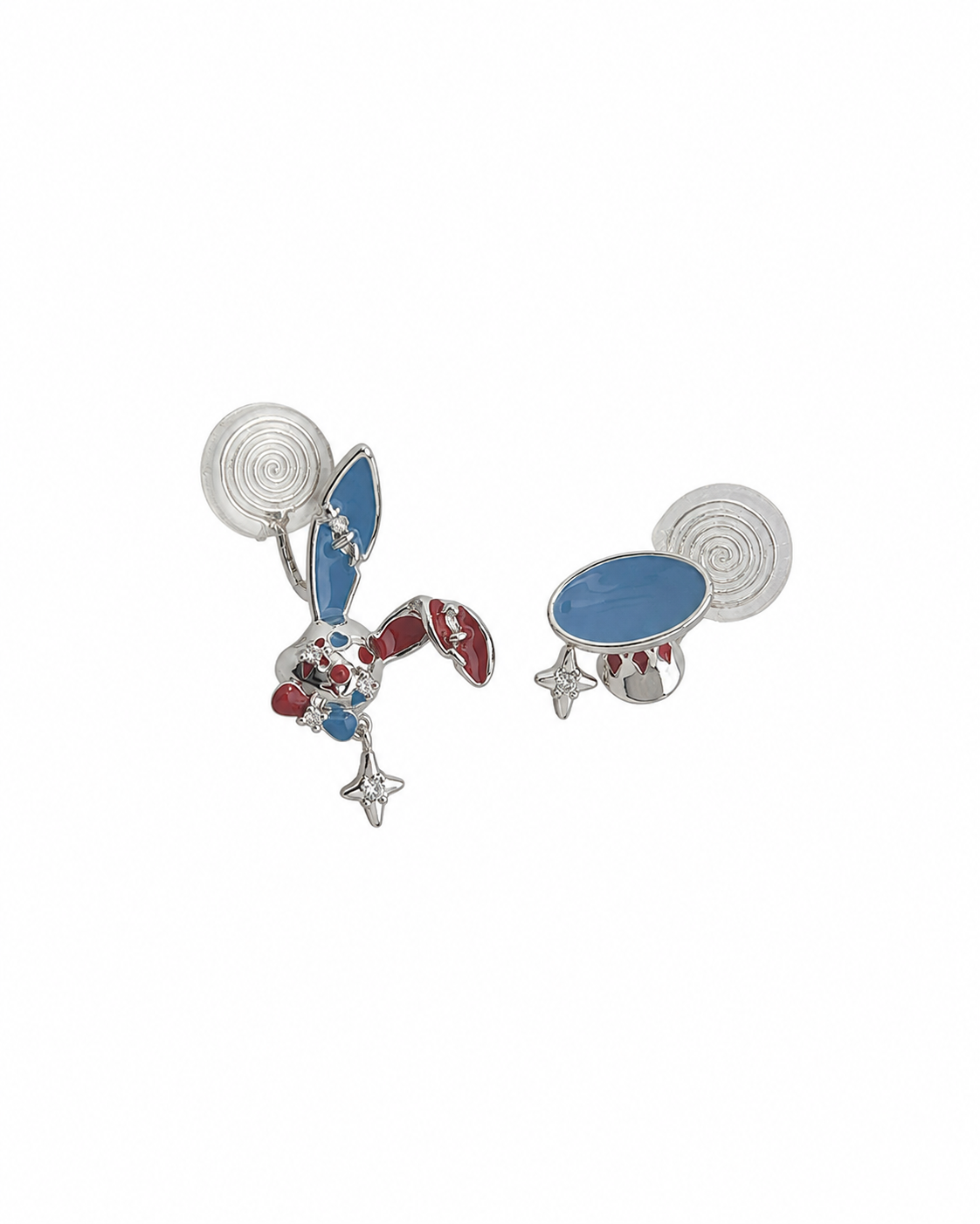 Mrois Original Design “Mad Hatter” Enamel Rabbit Earrings – Red & Blue Contrast Zircon S925 Silver Stud / Clip-On