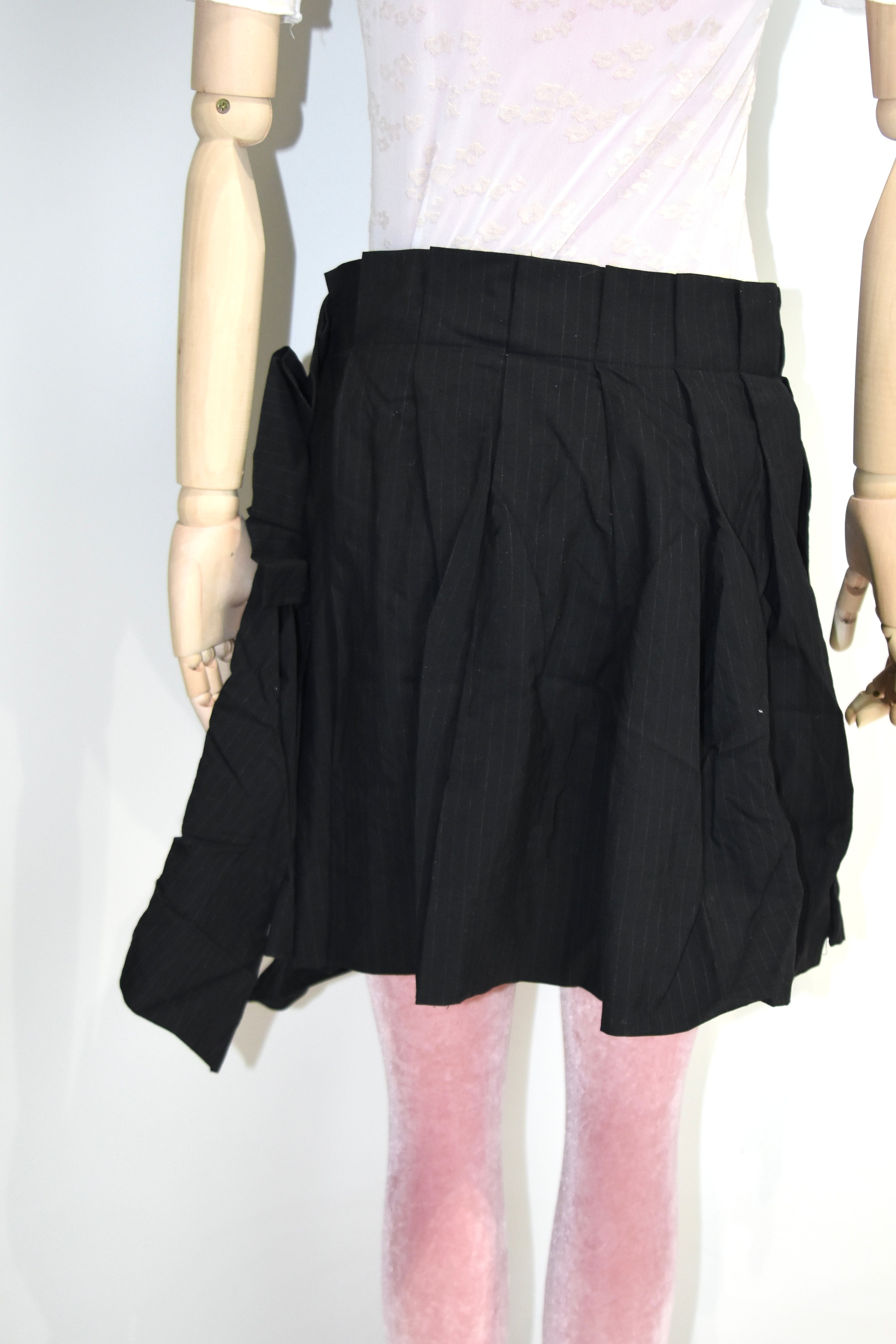 Vivienne Westwood Red Label Asymmetric Pleated Mini Skirt – Black Pinstripe Draped Archive Piece