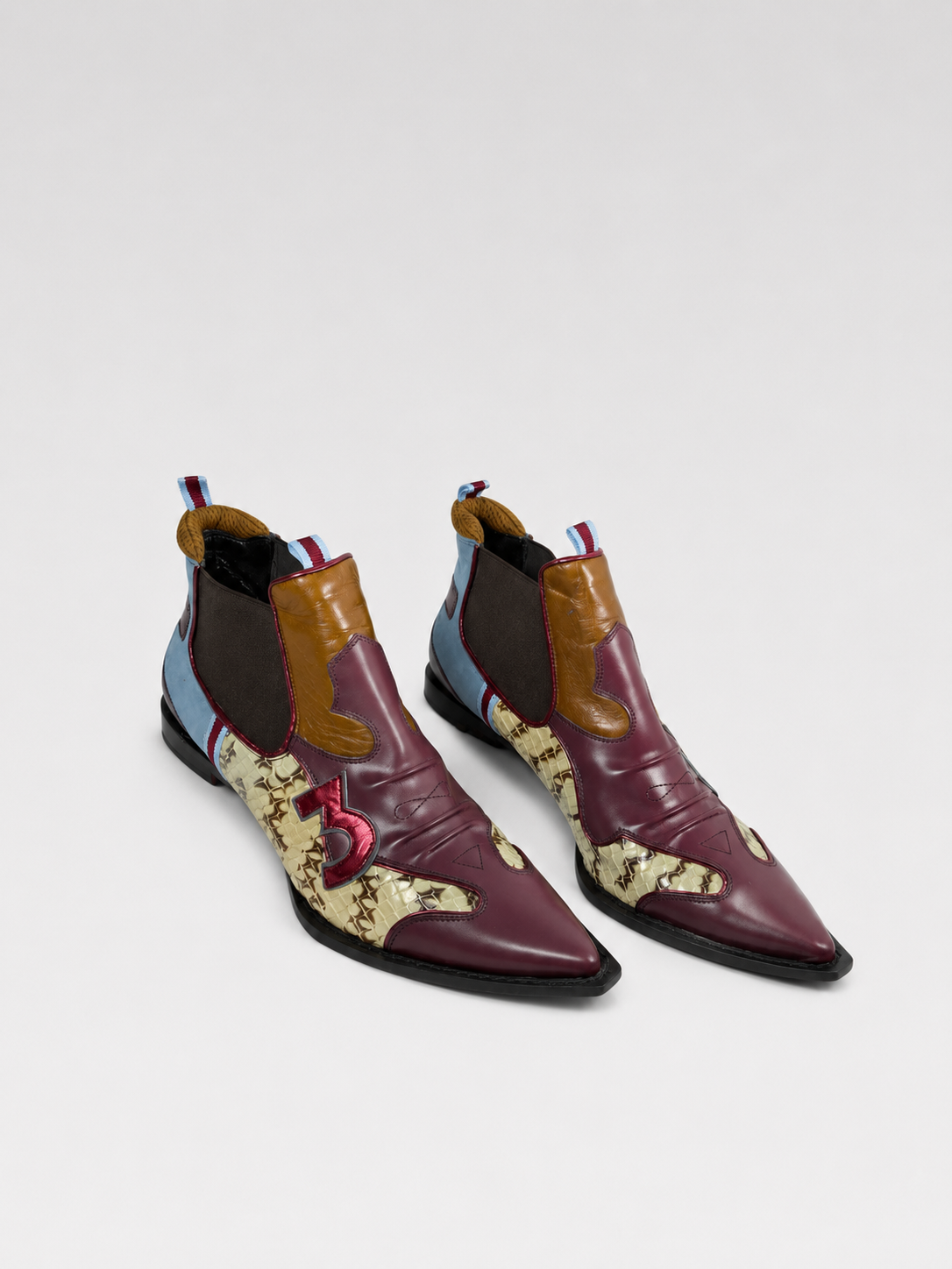 Miu Miu Vintage Patchwork Leather Snake Panel Ankle Boots – Kitten Heel Pointed Toe Y2K Archive