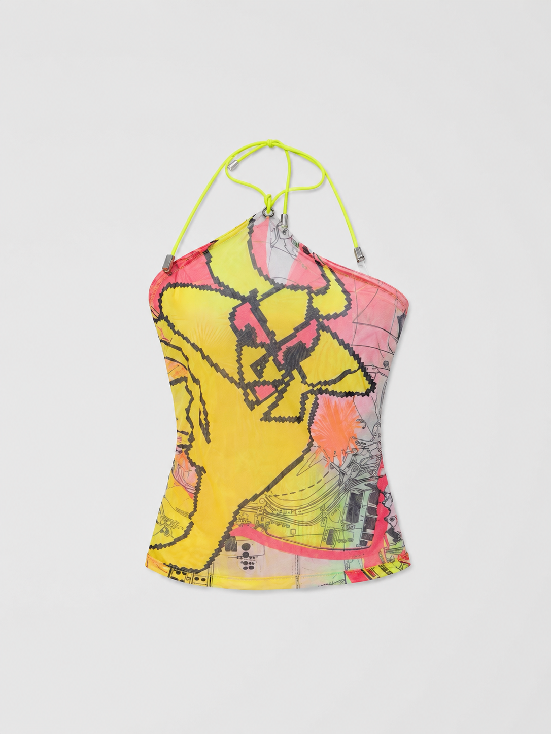 Christian Dior by John Galliano F/W 2001 Runway Map Print Halter Top – Rare Archive Graphic Mesh Camisole (Size FR40)