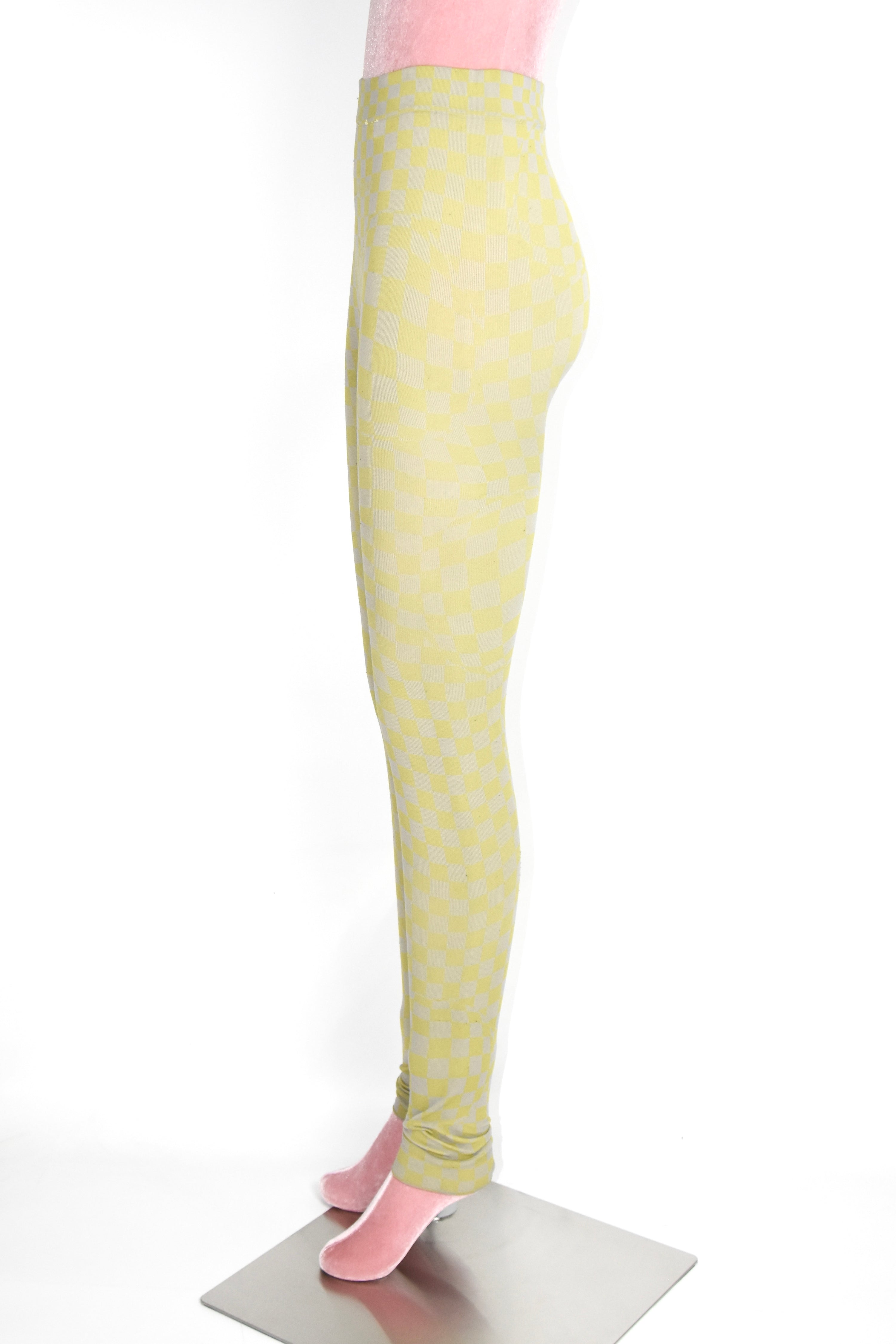 Off-White Yellow-Grey Checkered Knit Leggings