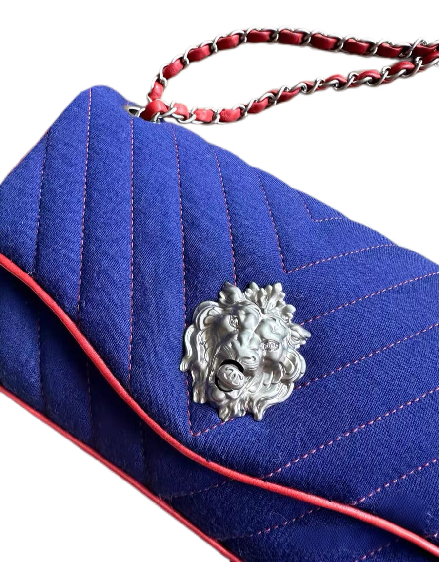 CHANEL Rare Lion Head Quilted Fabric Chain Shoulder Bag — Blue & Red