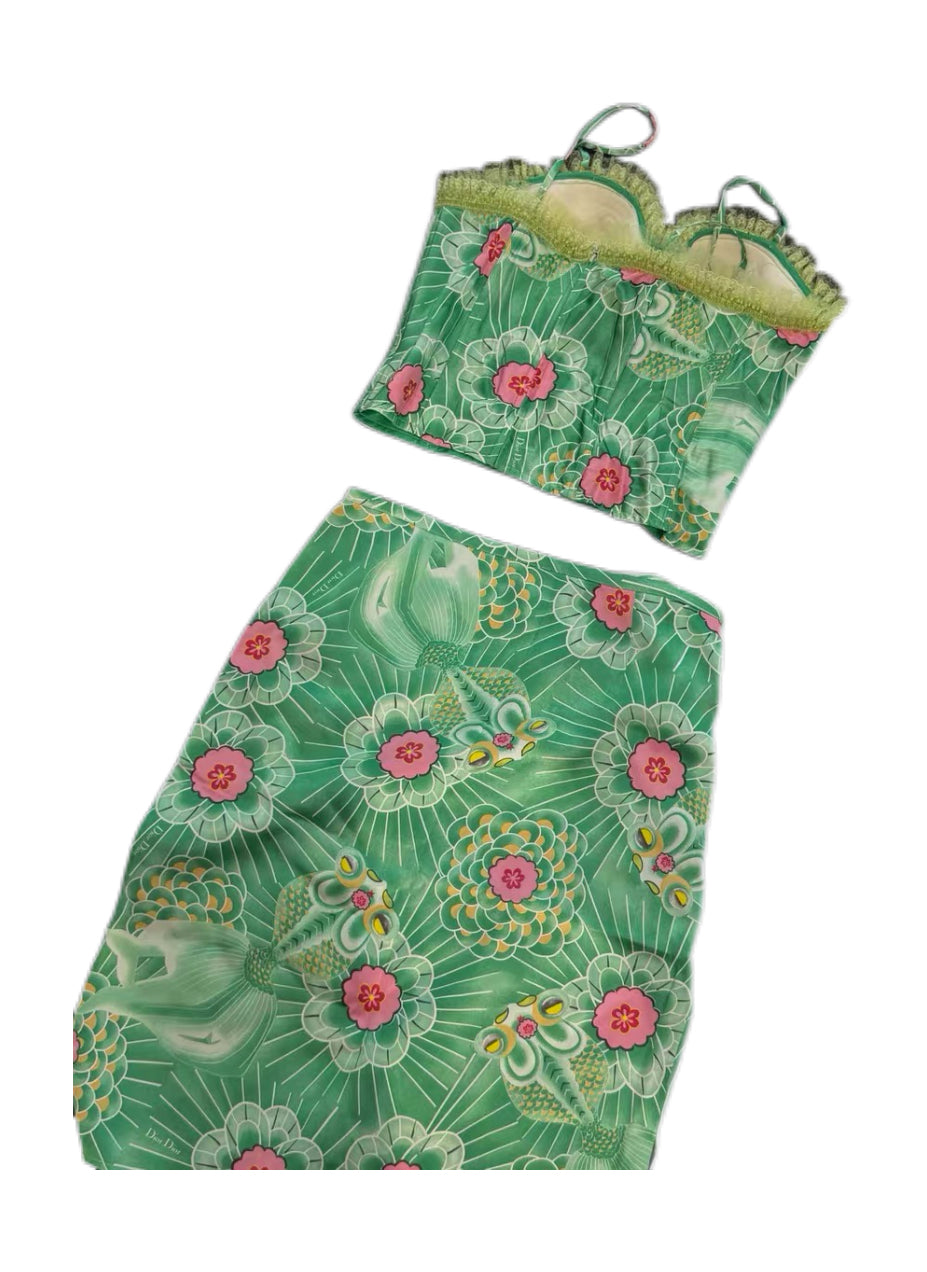 Christian Dior by John Galliano 2003 Rare Oriental Goldfish Ukiyo-e Print Corset & Skirt Set