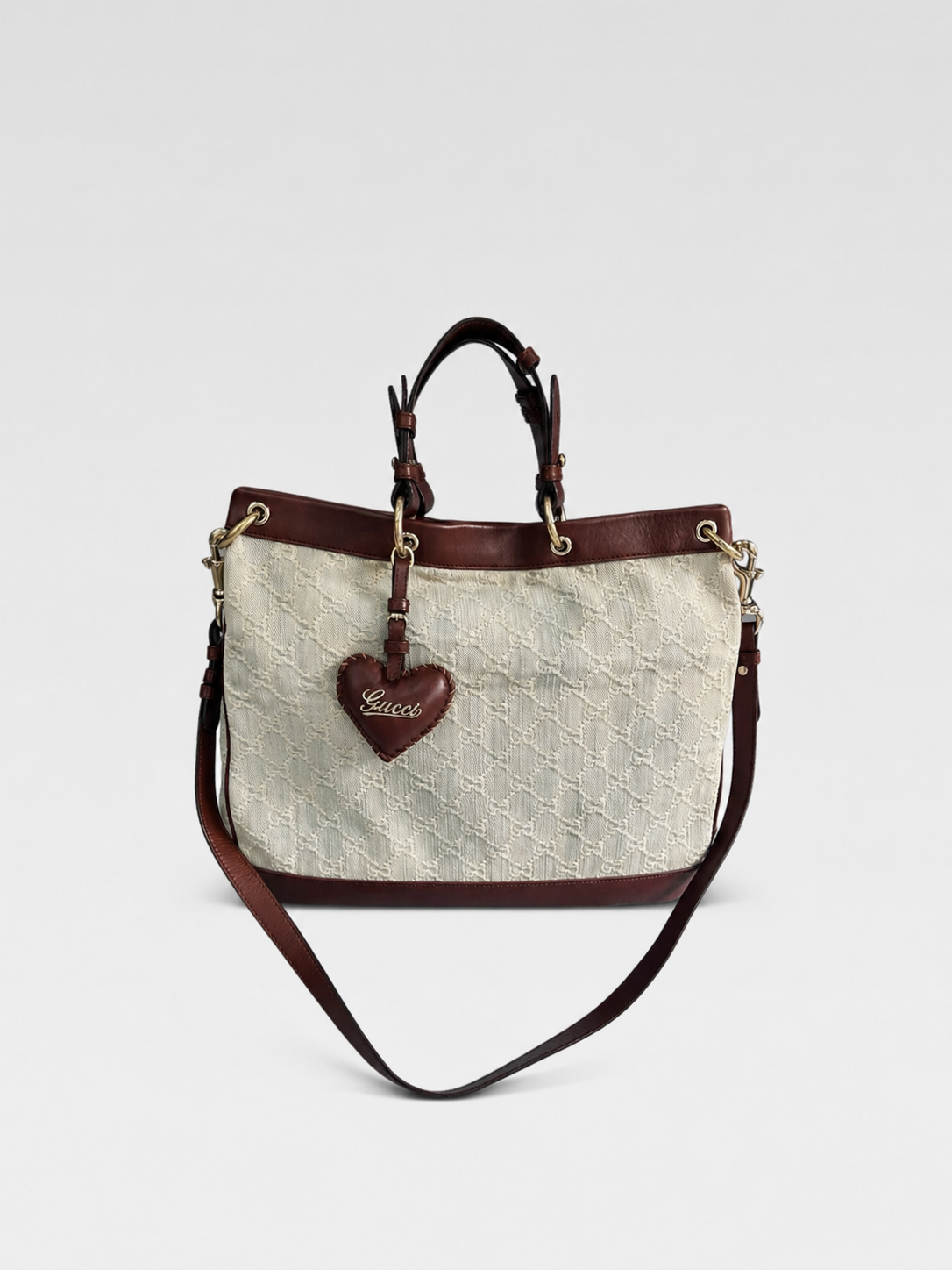 Gucci GG Monogram Canvas Large Tote Bag with Leather Heart Charm Valentine’s Limited Edition Convertible Shoulder Bag