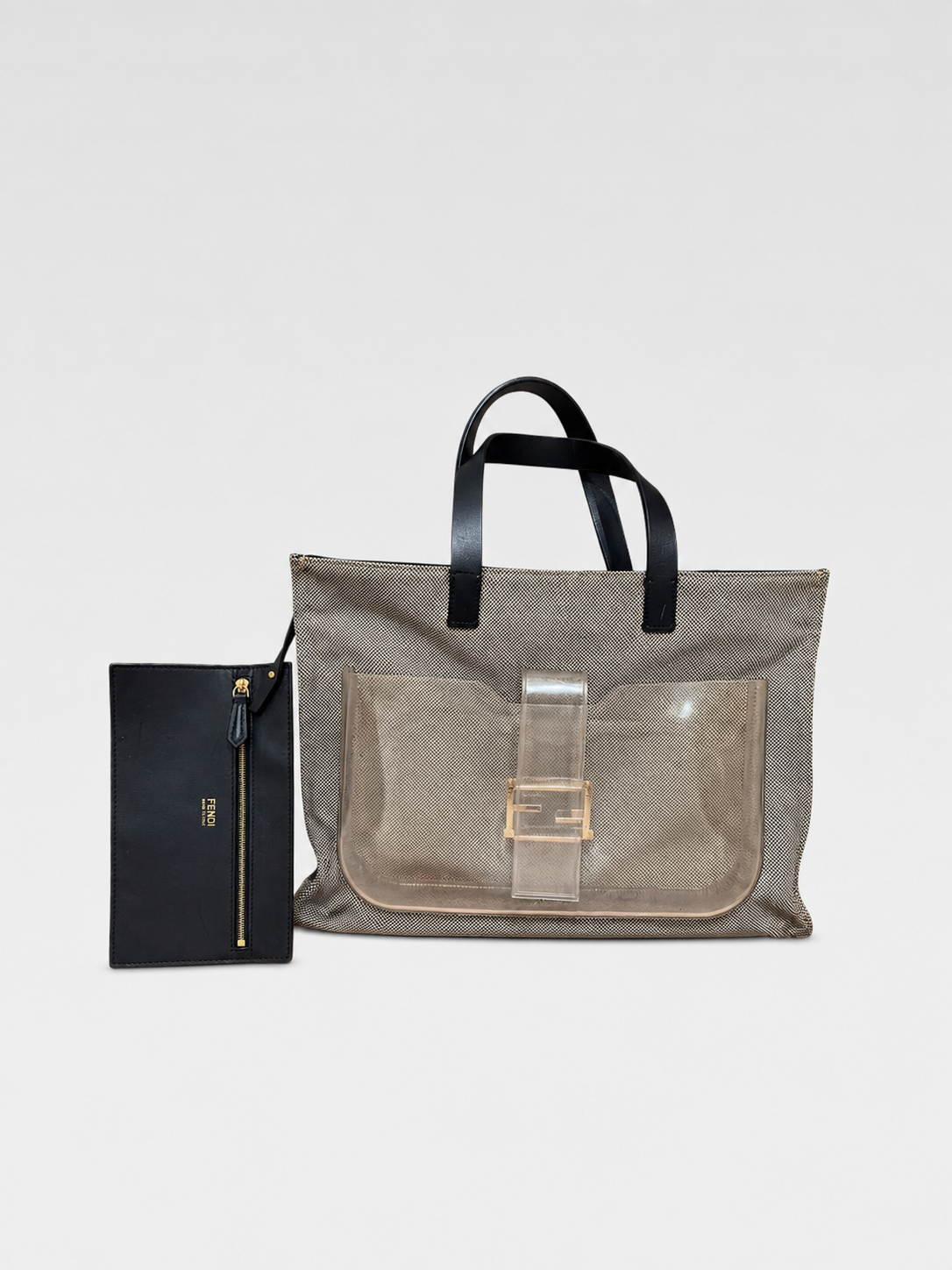 Fendi Runway Baguette Carrier Tote Bag – Transparent Panel Oversized Canvas Leather Rare Collector Utility Bag Italy