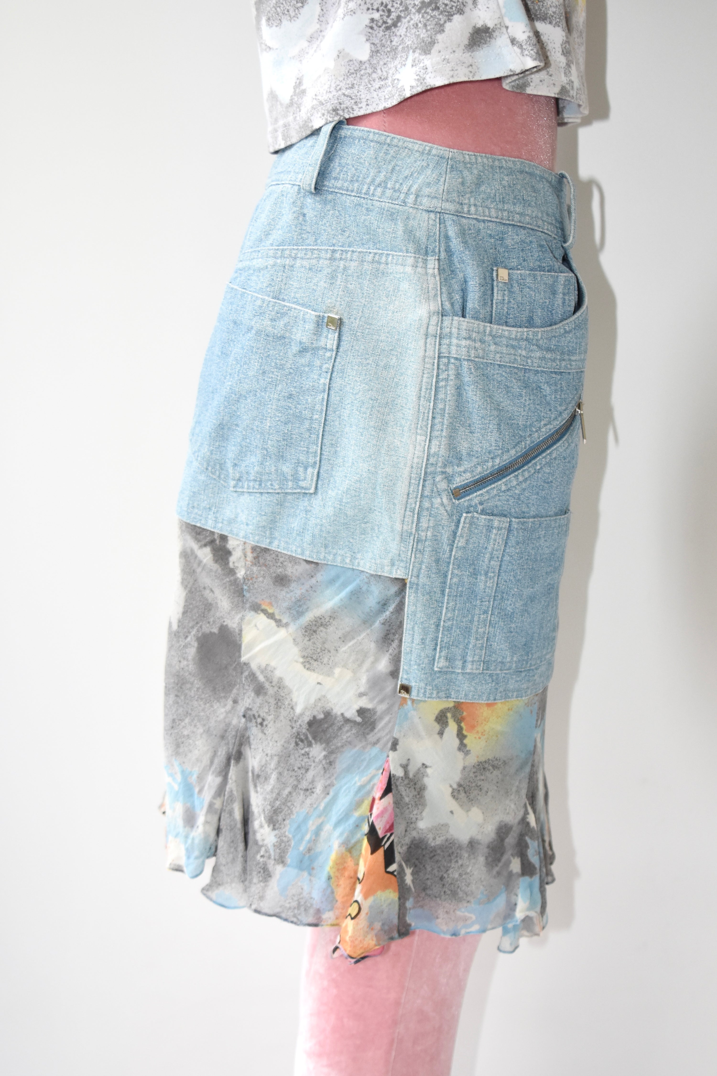 Christian Dior by John Galliano Graffiti Silk Hem Hybrid Skirt (Utility Denim Meets Couture Streetwear)