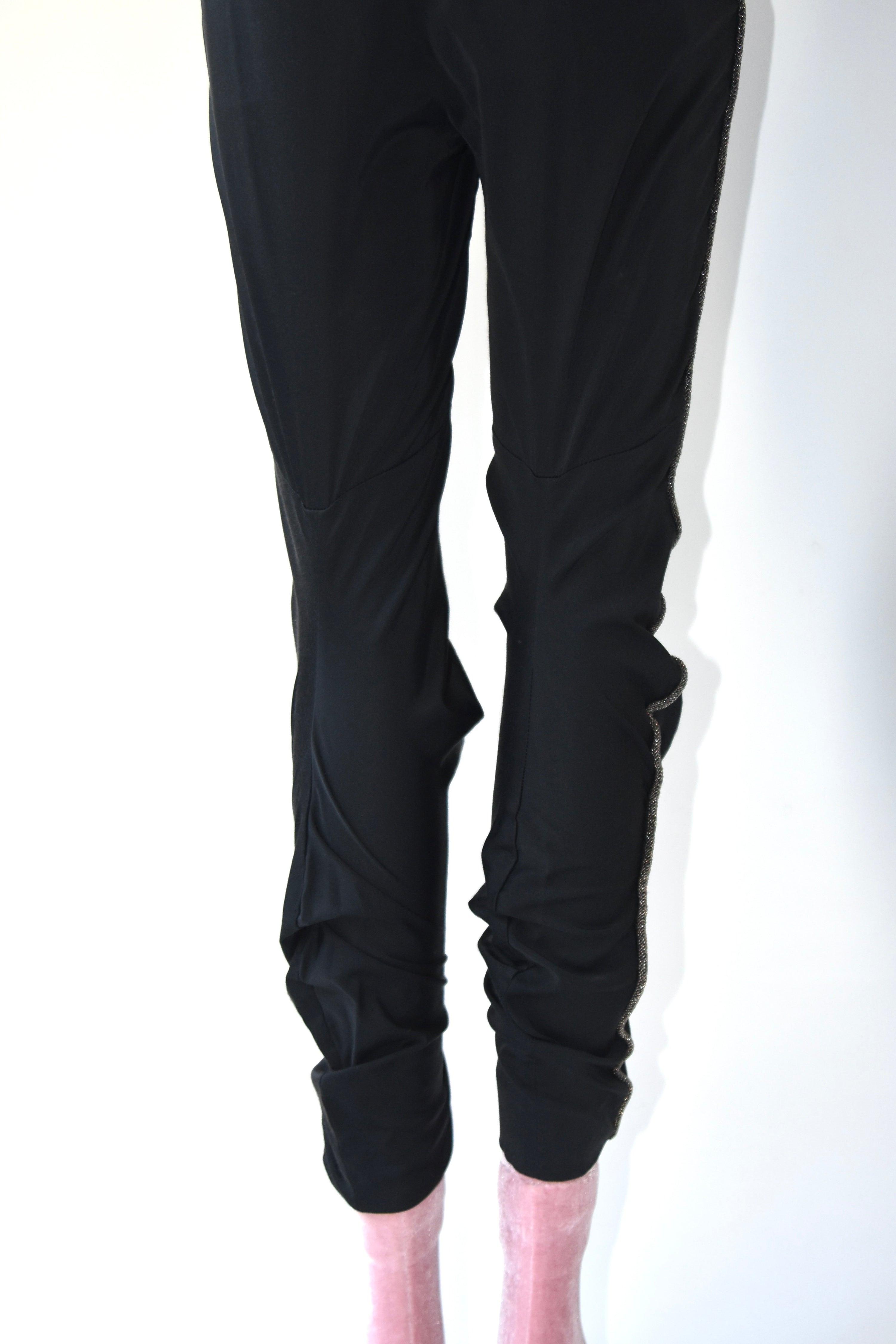 Comme des Garçons AD2010 Twisted Tailored Cropped Pants – Black Sculptural Gold-Trim Vintage Trousers