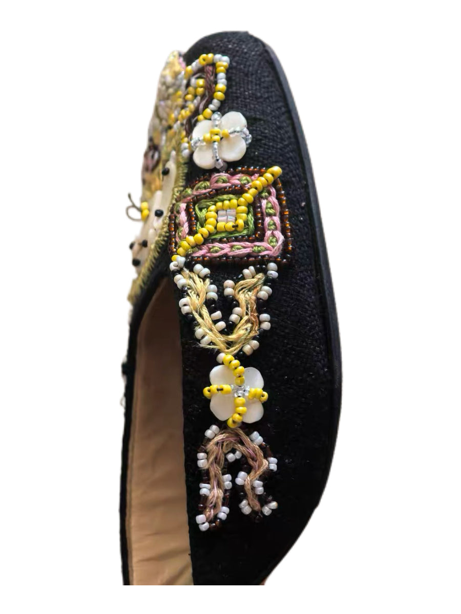Fendi Black Satin Embroidered & Beaded Heels